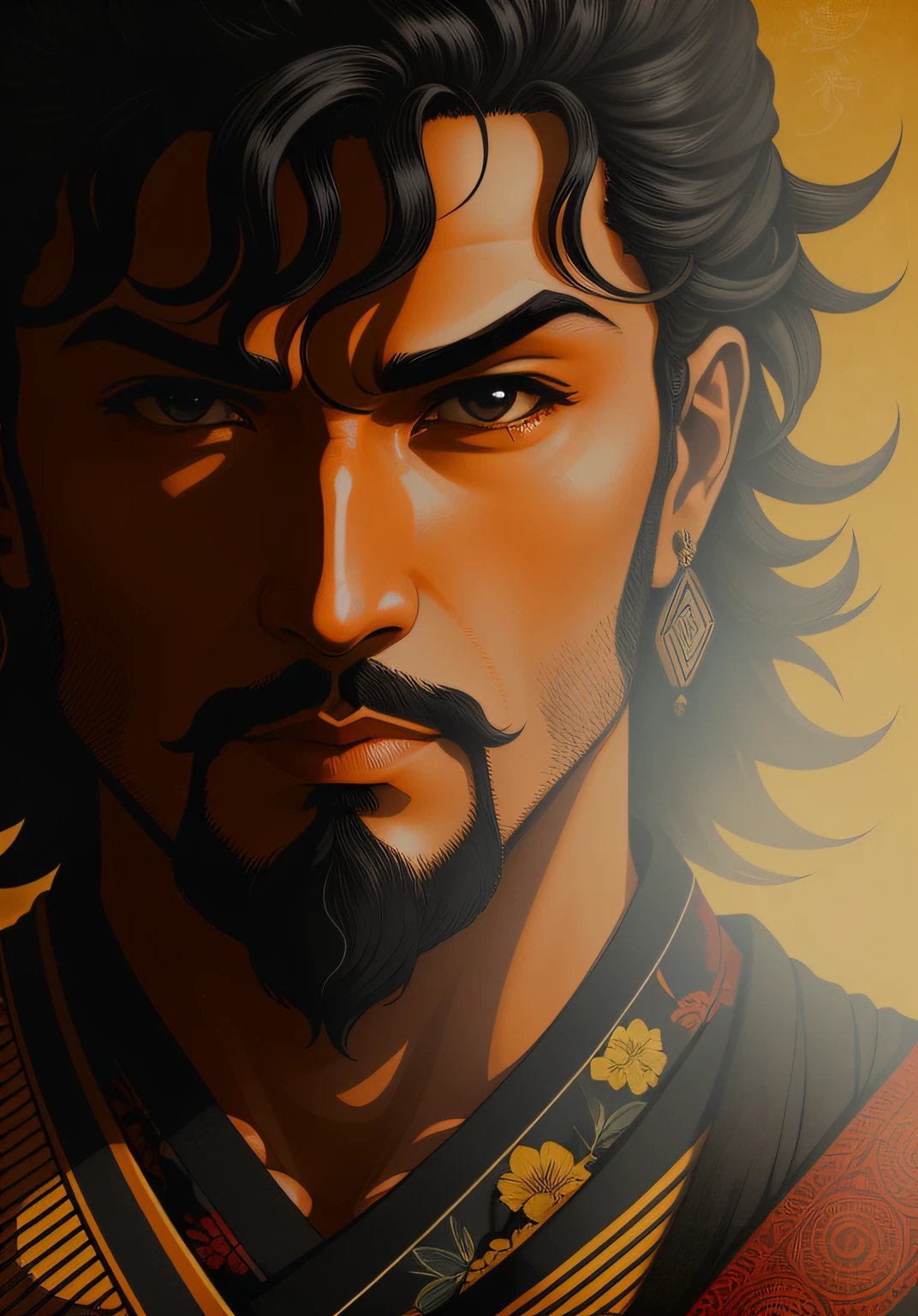 um desenho de um homem com cabelos longos e barba, japanese samurai, Background Japanese setting of the 16th century, Realistic epic, retrato por, Tiago Gilleard, Por Joe Fenton, por kaethe butcher, yellow gradient, preto, marrom, e esquema de cores magenta, grunge aesthetic!!! soft Cinematic Light, Adobe Lightroom, photographic lab, HDR, intrincado, altamente detalhado, (profundidade de campo: 1.4), desbotado, (Cores Neutras: 1.2), (HDR: 1.4), (cores suaves:1.2), hiperdetalhado, (art-station:1.4), cinemactic, luzes quentes, dramatic light, (detalhes intrincados:1.1), Antecedentes complexos, (Rutkowski:0.66) ), (azul e laranja:0.4)