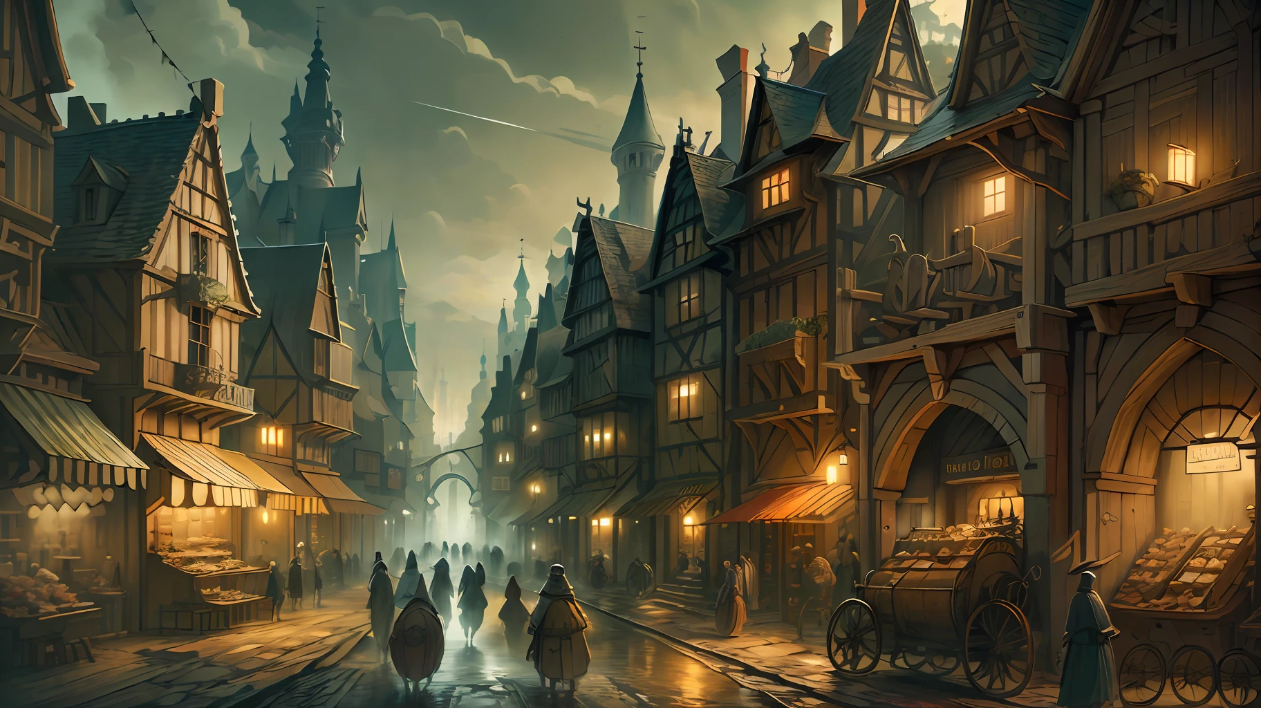 Beautiful illustration of a medieval city street, medieval folk walking the streets, detailed, intricate.