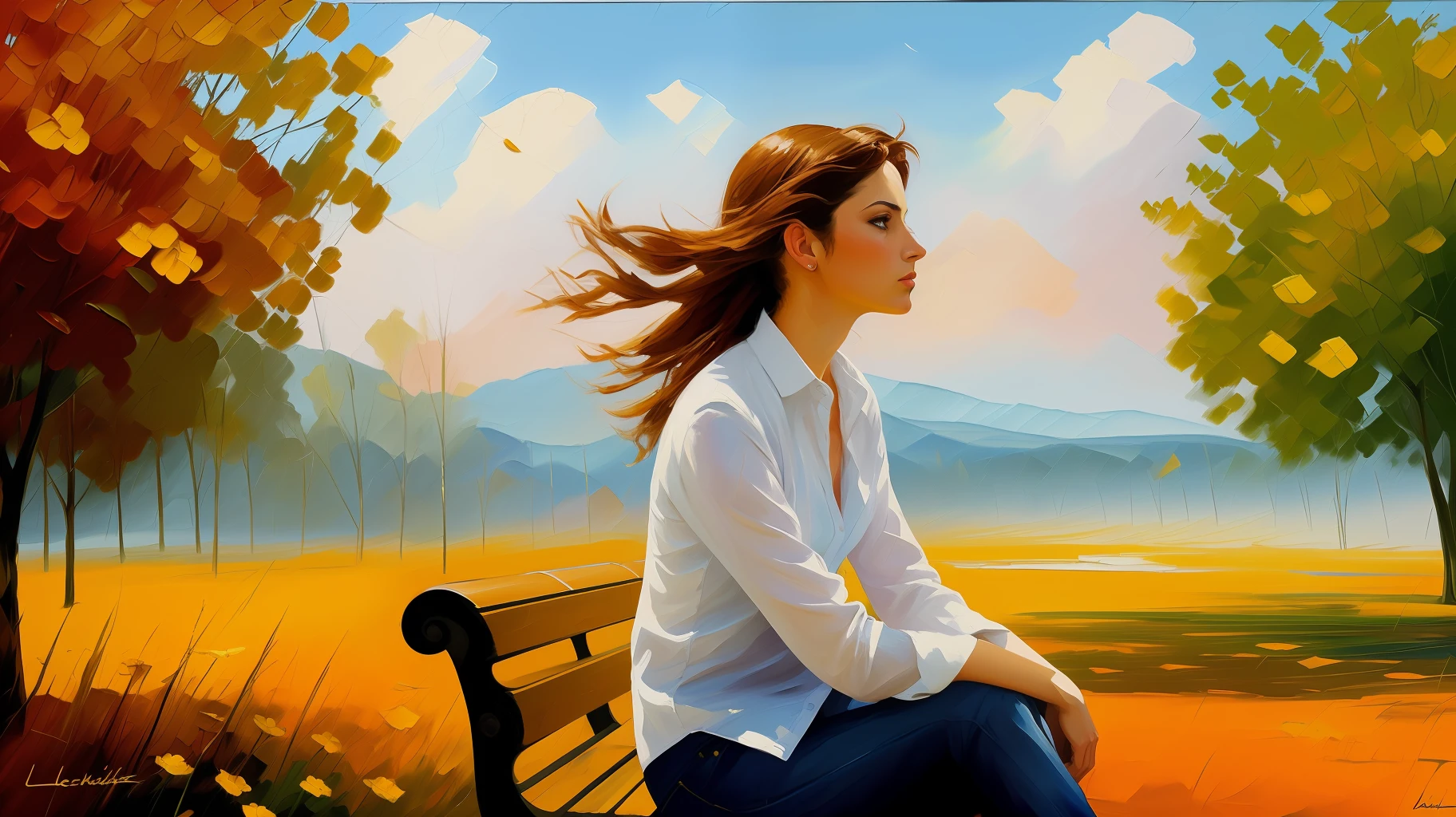 Ultra-detailed woman, (looking thoughtfully into the distance:1.4), in the park, sitting on a bench, full body, outdoors, (not looking at the camera:1.7), (adjusting hair:1.5), (short open shirt:1.2), solo, beautiful detailed sky, (closed mouth), small breasts, beautiful detailed eyes, floating hair, NSFW, seminude bosom, saliva, style-empire, by Alex Huguet, Mike Hill, Ian Spriggs, JaeCheol Park, Marek Denko, picture painted in impressionist style, brushstroke painting technique, palette knife painting, an expressive oil painting, Leonid Afremov