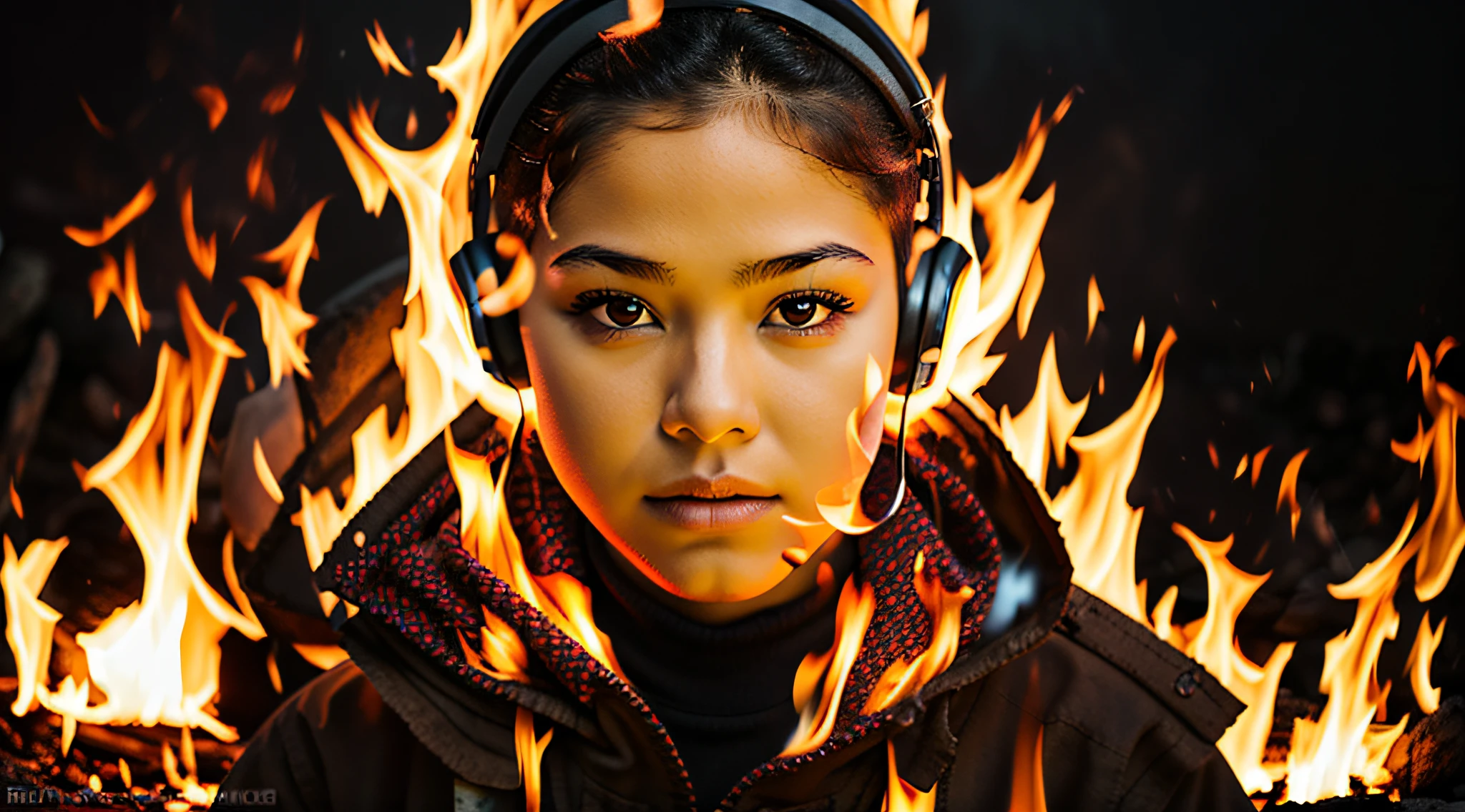 GIRL child 12 years , RUSSA LOIRA cabelos compridos e fones de ouvido , portrait , JAQUETA COURO PRATA, fundo vermelho. MUITO FOGO , FIRE, FLAMME, FIRE AND FIRE, FOGO.