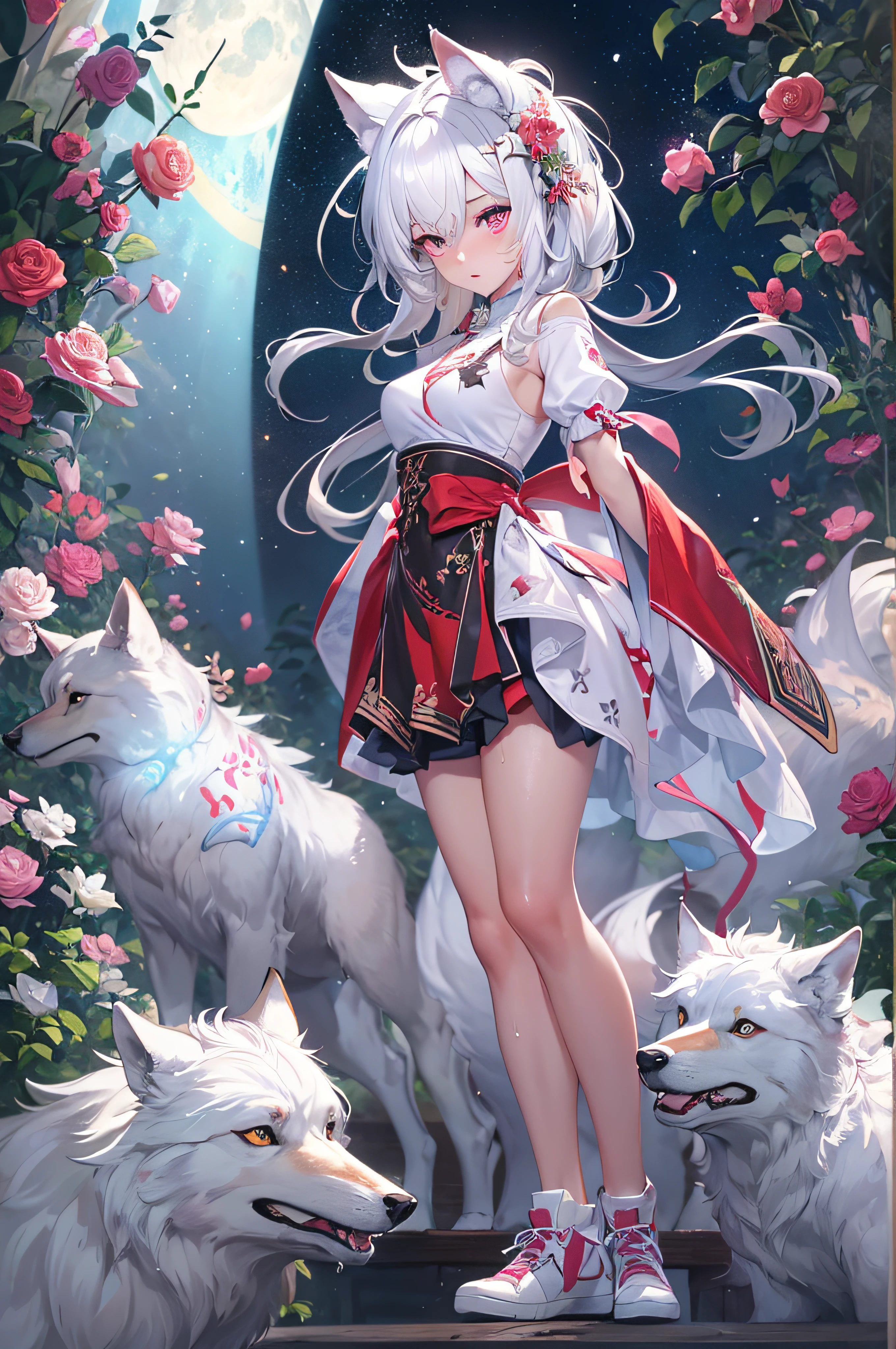 (masterpiece, top quality, best quality, official art, beautiful and aesthetic:1.2), (1girl:1.3), (fractal art:1.3),absurd, masterpiece, best quality, realistic, hyper-detailed, (shiny skin, sweaty:1.4), looking at viewer, slender, 1girl, solo, white sneakers, white miniskirt, long hair, white hair, red eyes, heterochromia, multi coloured eyes, (thick thighs:0.5), dynamic lighting, high resolution, sharp focus, depth of field, medium breasts, side boob, wolf girl, animal, wolf ears, masterpiece, best quality, ultra-detailed, illustration, ultra-detailed face, best quality face, evil, 18 years old, adult, 1girl, 18 years old, white hair, alchemy outfit, intricate detailed outfit, sexy pose, glowing red dress, cute, kawaii, digital art, finely detailed eyes, blushing, red cheeks, realistic, 1girl, white hair, purple eyes, glowing eyes, top, skirt, parted lips, blush, night, flowers, sun, sunlight, cute, kawaii, digital art, finely detailed eyes, embarrassed expression, long_hair, blushing, (highly detailed 8k wallpaper), best resolution, very_long_hair, masterpiece, semi-realistic, right hand behind head, left hand on hip, moon, star_\(sky\), starry_sky, full_moon, looking_at_viewer,