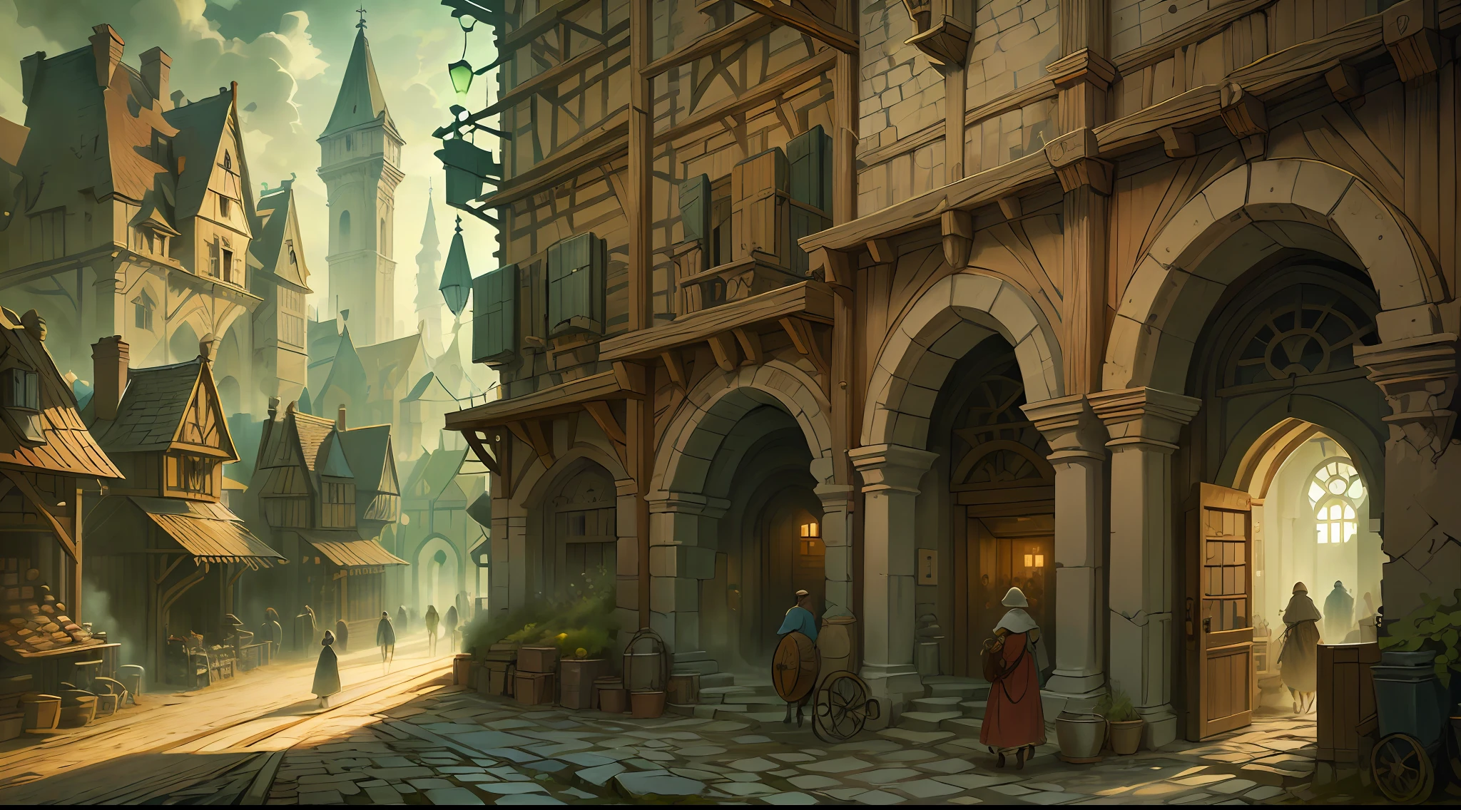 Beautiful illustration of a medieval city street, medieval folk walking the streets, detailed, intricate.