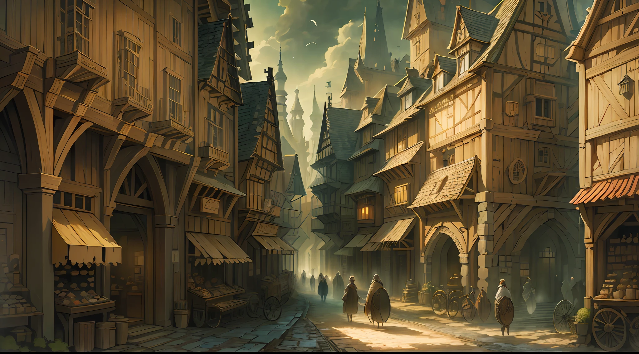 Beautiful illustration of a medieval city street, medieval folk walking the streets, detailed, intricate.