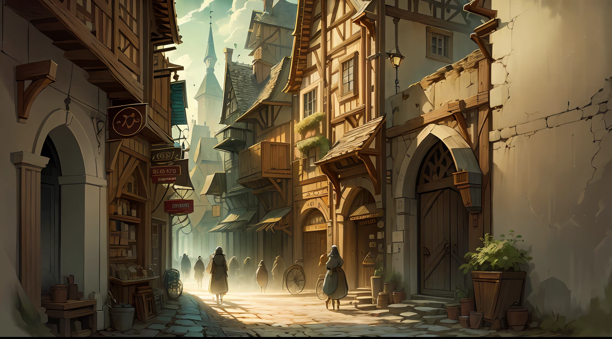 Beautiful illustration of a medieval city street, medieval folk walking the streets, detailed, intricate.