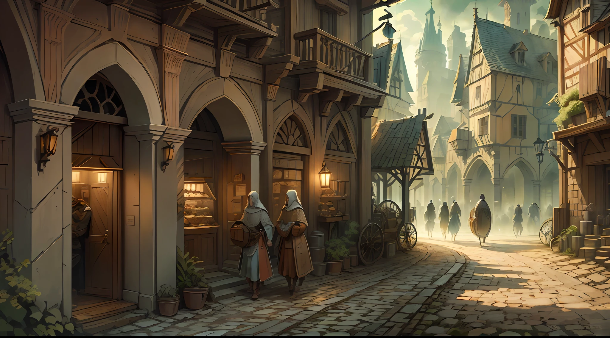 Beautiful illustration of a medieval city street, medieval folk walking the streets, detailed, intricate.