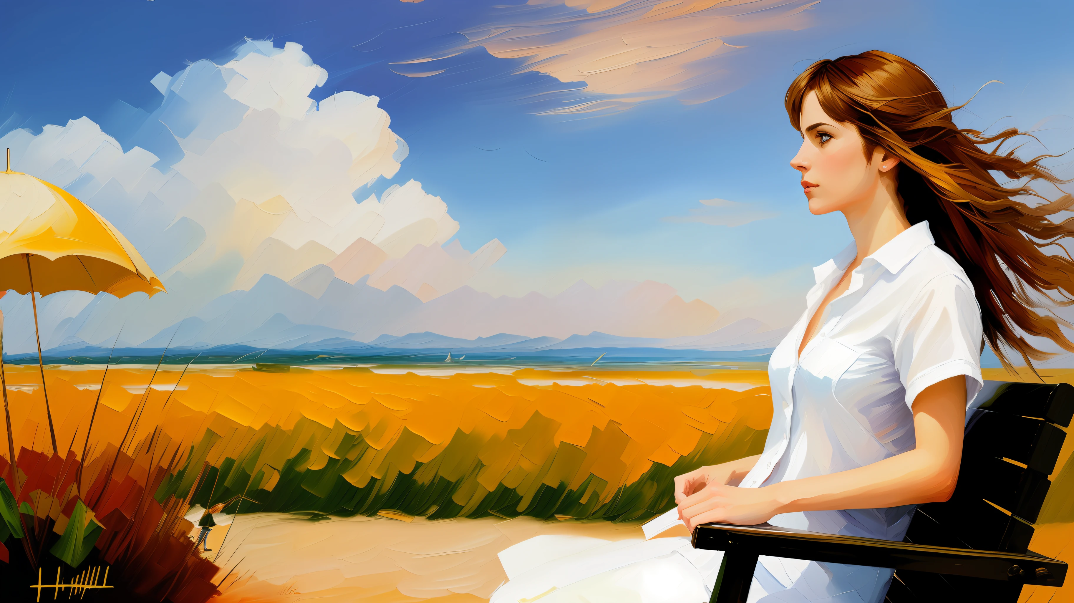 Ultra-detailed woman, (looking thoughtfully into the distance:1.4), in the park, sitting on a bench, full body, outdoors, (not looking at the camera:1.7), (adjusting hair:1.5), (short open shirt:1.2), solo, beautiful detailed sky, (closed mouth), small breasts, beautiful detailed eyes, floating hair, NSFW, seminude bosom, saliva, style-empire, by Alex Huguet, Mike Hill, Ian Spriggs, JaeCheol Park, Marek Denko, picture painted in impressionist style, brushstroke painting technique, palette knife painting, an expressive oil painting, Leonid Afremov