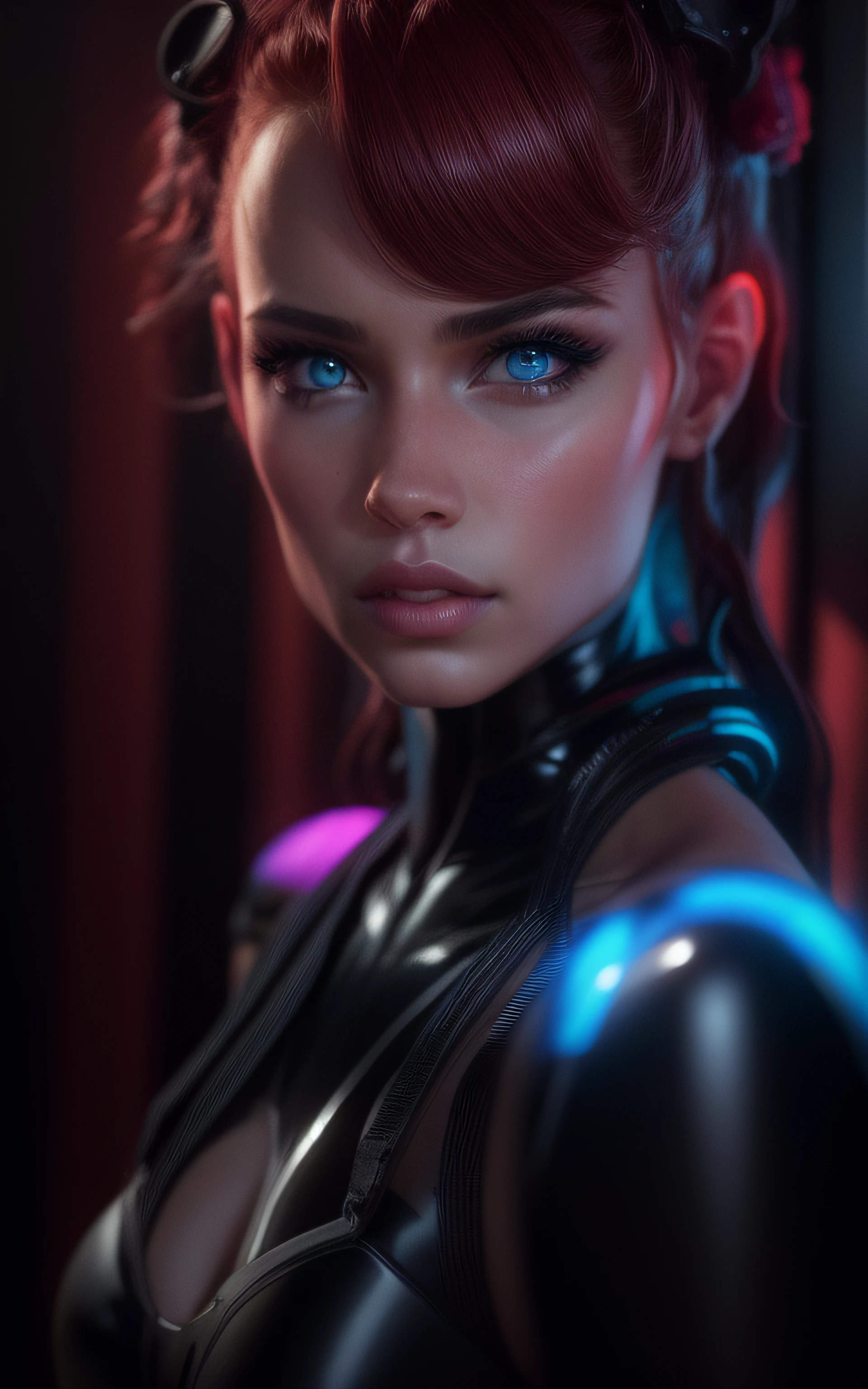 Beautiful black latex woman, olhos azuis, coberta com rosas vermelhas iluminadas, bright blue white glowing heart, visible from human, noite, Colouring, photography hyper-detailed cinematic hdr lighting, softbox lighting, Detalhe extremo, 8k, 3D-rendering, Hiper realista, NVIDIA,