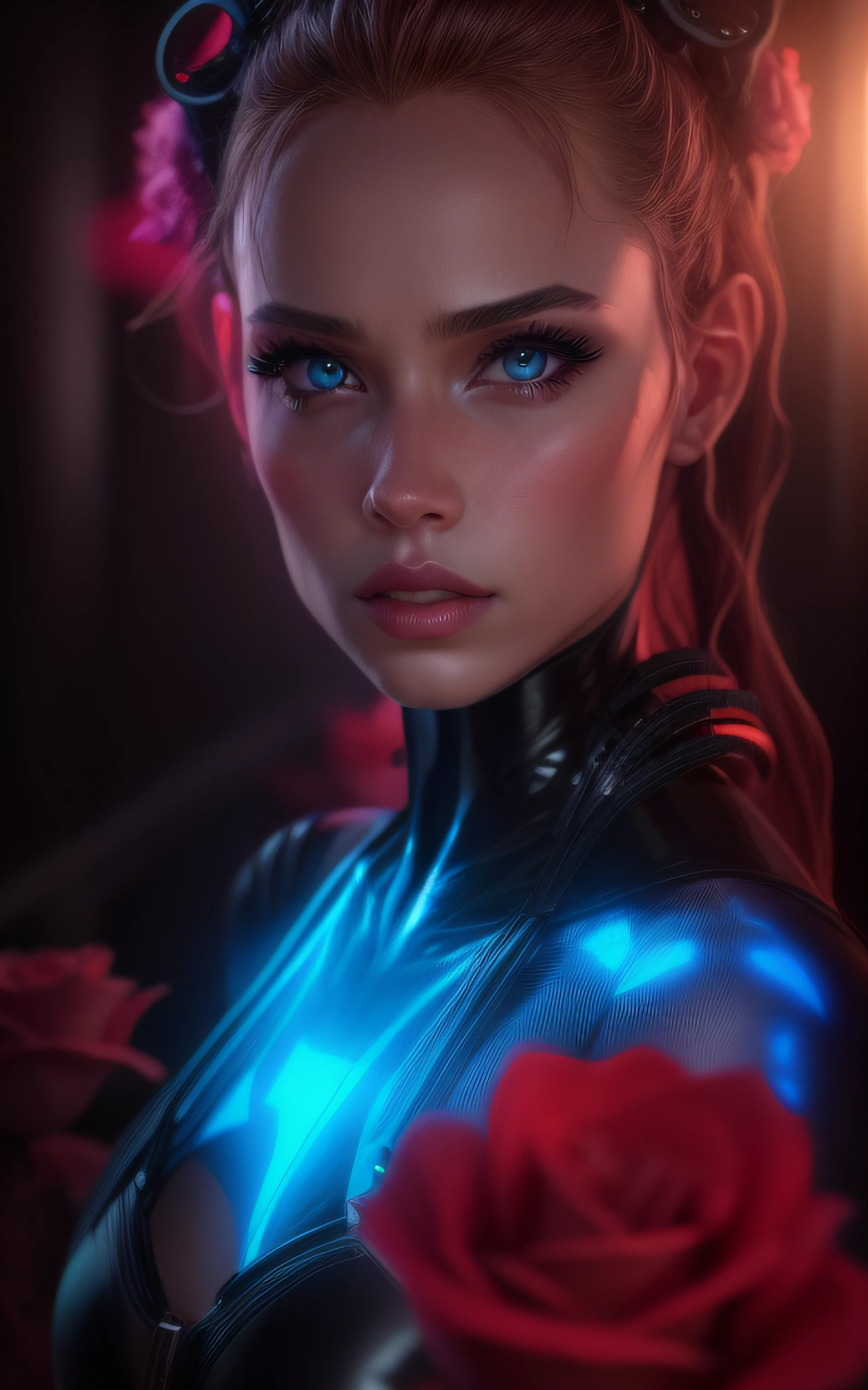 Beautiful black latex woman, olhos azuis, coberta com rosas vermelhas iluminadas, bright blue white glowing heart, visible from human, noite, Colouring, photography hyper-detailed cinematic hdr lighting, softbox lighting, Detalhe extremo, 8k, 3D-rendering, Hiper realista, NVIDIA,