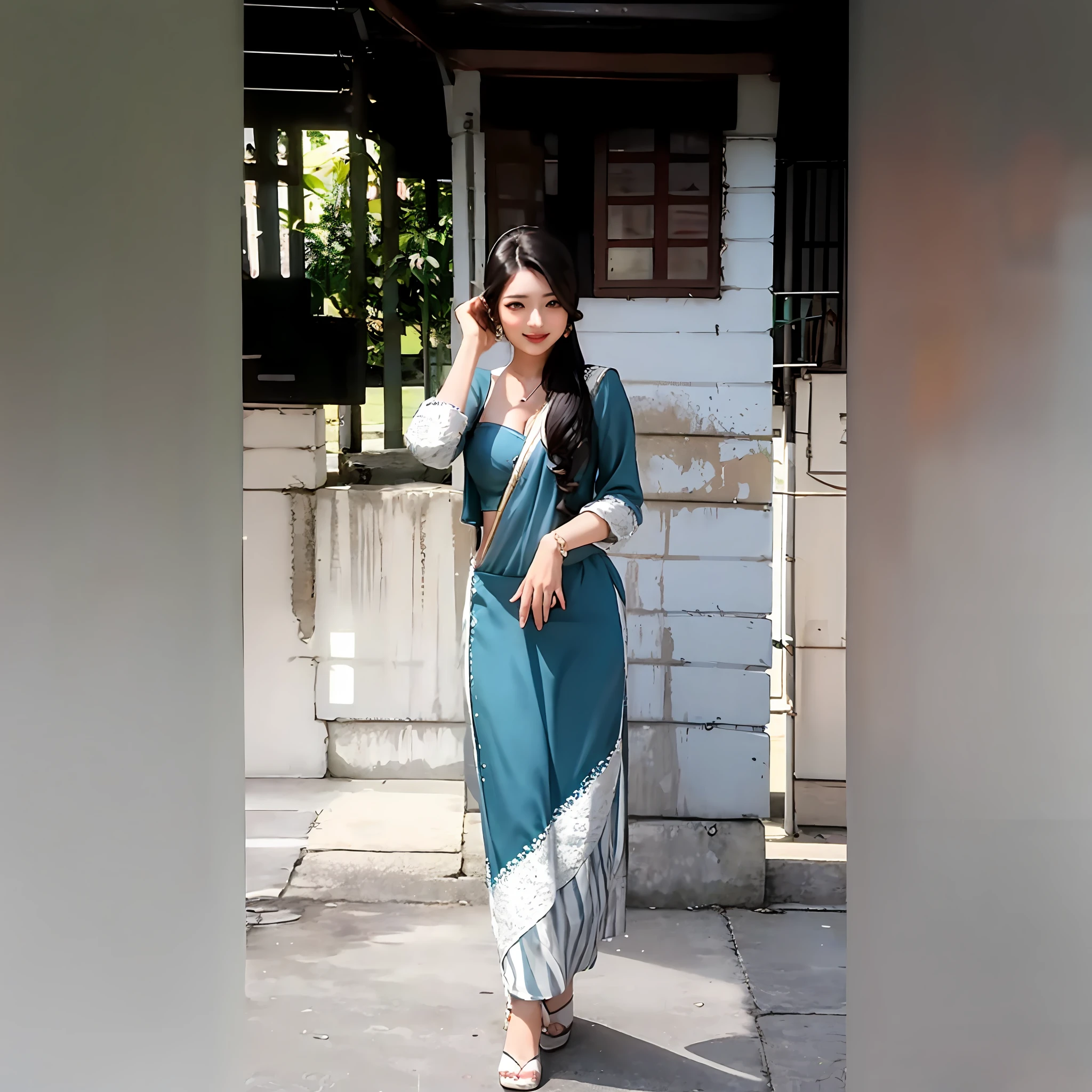 there is a woman standing on the sidewalk talking on a cell phone,sexy figure ,curved body figure,big boobs , cleavage , navel ,sexy sari ,assamese aesthetic, with lovely look, very very high quality picture, candid picture, with beautiful colors, new song, traditional beauty, 22 years old woman, 22 years old woman, high quality, handsome girl, very very hugh quality, with funny feeling, woman model