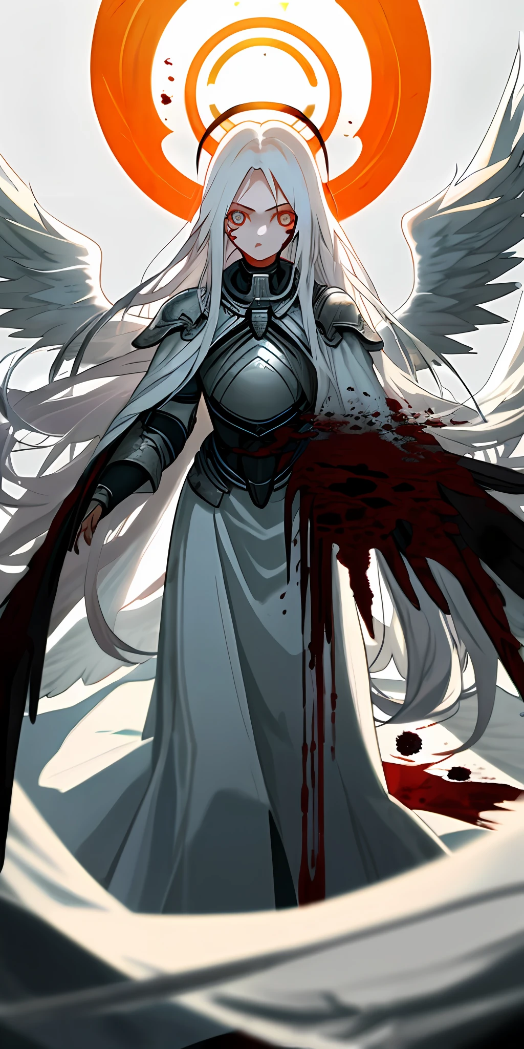 (masterpiece, best quality), adult, vangeful face, 1girl with long white hair, white dress with blood trail, dark environtment, white halo, 2 large wings, angel