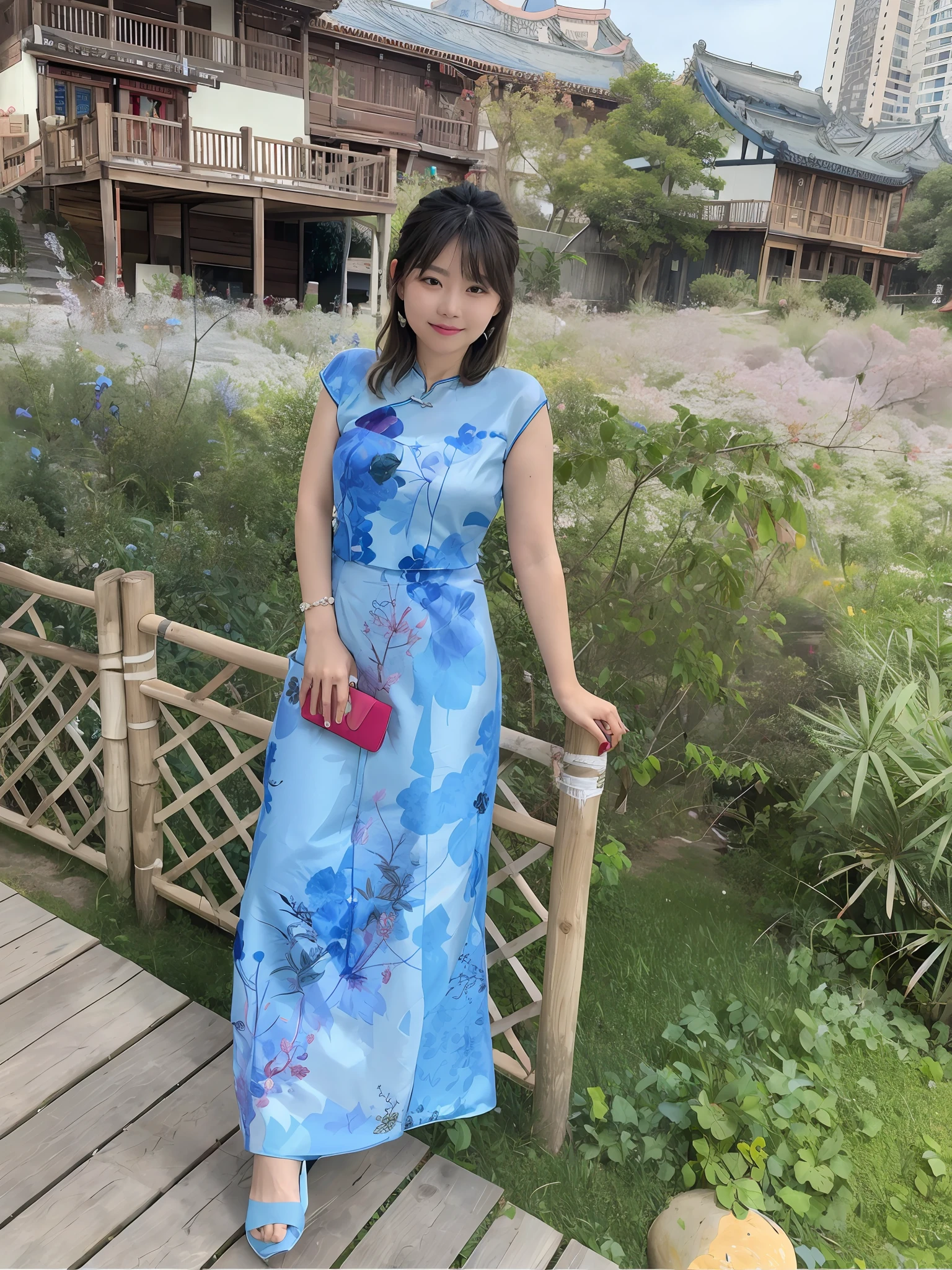 Araki woman in blue dress standing on a wooden bridge, wearing a blue qipao dress, in a blue qipao, xintong chen, wearing flowing dress, Women's long skirt, soft silk dress, sky - blue dress, Cheongsam, floating dress, Long dress, wearing a long flowery dress, Chinese girl, lady with glowing flowers dress