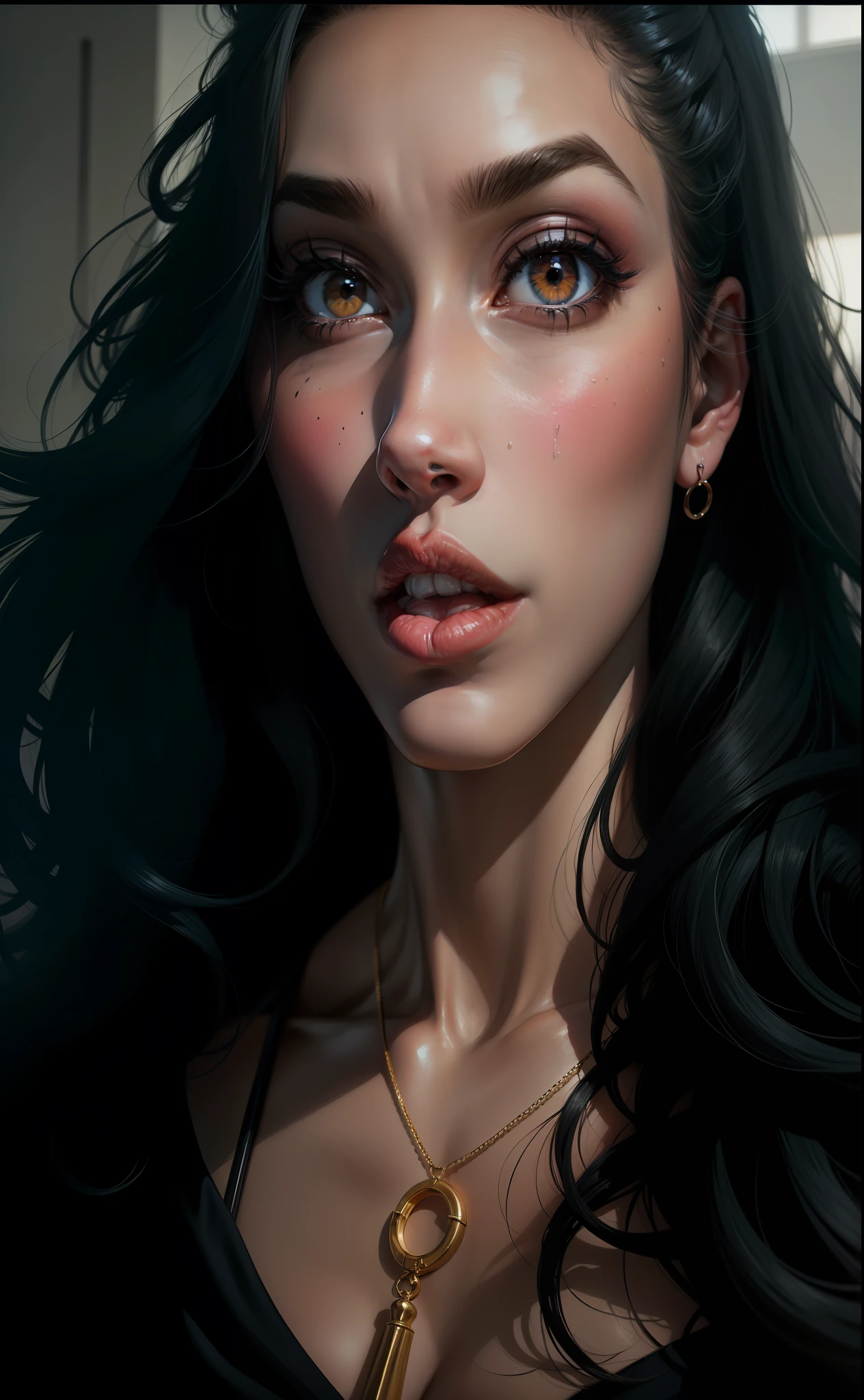 Desenho art nuevo Mulher jovem, olhos cor vermelho escuro, latino americano, Mexicana , cabelos ondulados, cabelos escuros, batom vermelho e olho vermelho, tom vermelho e preto na art estilo art nuevo