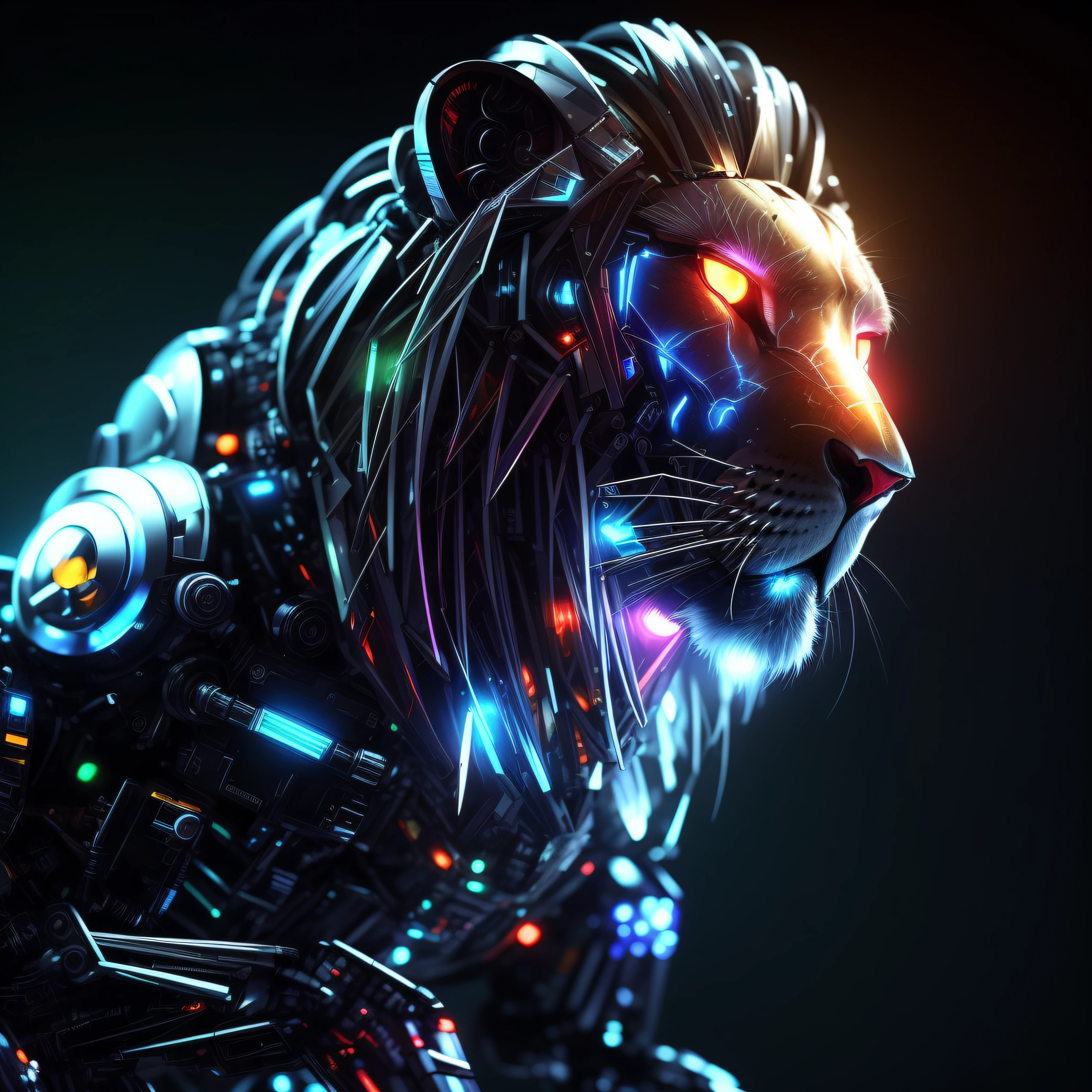 A close-up of a lion with glowing eyes and a robotic body, Lion Robot, Arte digital 4K altamente detallado, Arte digital 3D 4K, Arte digital 3D detallado, Hermosa obra de arte digital, Arte digital hiperdetallado, amazing wallpaper, amazing digital art, cybernetic and highly detailed, Arte digital detallado 4K, 4 K HD fondo de pantalla muy detallado