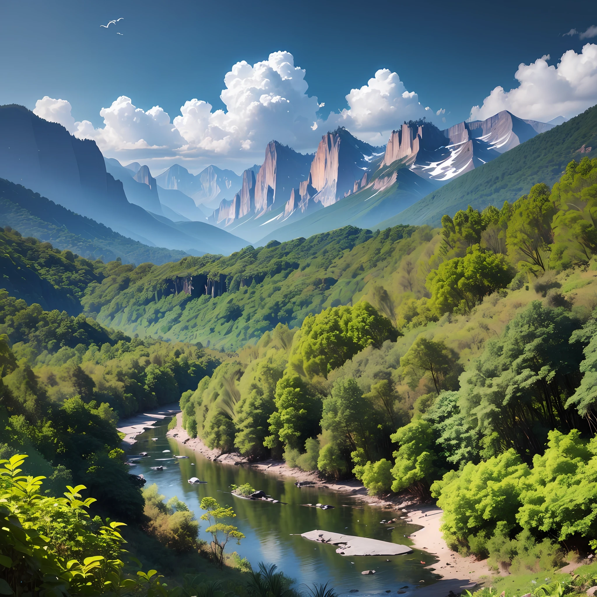 A Chinese green mountain landscape, with tree-covered mountains rising into the sky. The sun shines through the leaves, creando un efecto de luz y sombra. There is a river that flows through the mountain, y el sonido del agua que se mueve es relajante. The air is filled with the sound of birds singing, y el aroma de la tierra mojada. The scenery is beautiful and peaceful, y es un lugar perfecto para relajarse y escapar del ajetreo y el bullicio de la vida cotidiana --auto --s2