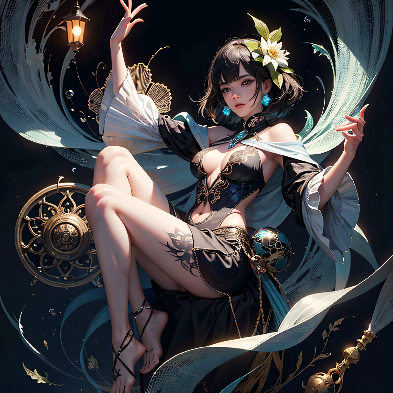 Official Art, Unity 8k Wallpapers, Ultra Detailed, Beautiful and Aesthetic, Masterpiece, Best Quality, (Zentangle, Mandala, Tangled, Entangle), (Fractal Art: 1.3), 1girl, Very Detailed, Dynamic Angle, Cowboyshot, Most Beautiful Forms Chaotic, Elegant, Fauvist Design, Bright Colors, Romanticism, James Jean, Robbie Devi Antono, Ross Tran, Francis Bacon, Michal Mlaz, Adrian Ganey, Petra Kotwright, Gerhard Richter, Takashi Yamamoto, Ashley Wood, atmospheric, ecstatic notes, flow notes visible, (black silk), (whole body),  Greg Rutkowski, ink style, sticker, vector art beautiful character design, double exposure shot, luminous design, winning entry, masterpiece, amoled black background,1sexy girl with forest clothes, flowers, leaves, mandalas, fractal,,1 sexy girl in transparent forest clothes,exposed breasts, open transparent t-shirt,mandala and flower tattoos, La mejor calidad, Obra maestra, llustration,open transparent t-shirt,mandala and flower tattoos, La mejor calidad,sexy pose, provocative pose, full body,Reloj antiguo flotante, Antique lamp, salpicar,pose seductora, Pubic Hair Visible, senos visibles,art by Sakimichan,seductive pose, visible pubic hair, breasts visible,full body, black hair, Transparent clothing, slight smile,Jean-Baptiste Monge style, bright, beautiful , splash, Glittering , cute and adorable, filigree, , rim lighting, ligh, --auto