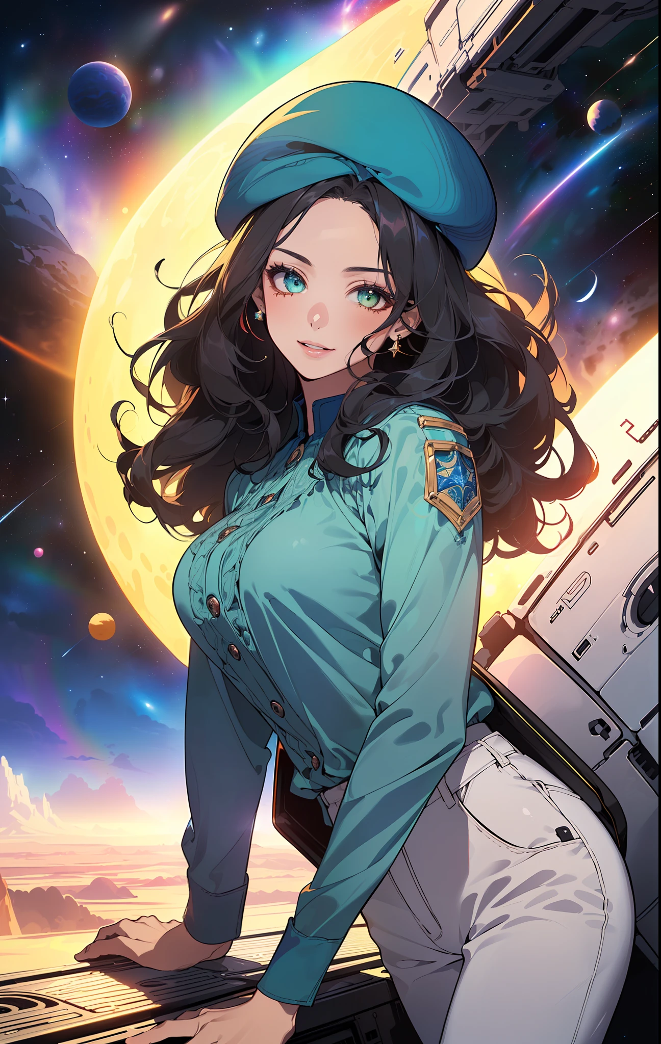 (((((ung woman))), the anime, Green eyes, (black hair), Nice face, ssmile, the perfect body, Wavy Hair, hairlong, (((morena))), big breastes, ((tmasterpiece, beste-Qualit)), illustartion, ультра детализированная 8k, Photorealistic, sharp-focus, higly detailed, Professional lighting, colorful details, Rainbow colors, Glowing, intricate detials, Vivid details, (white blouse), (Blue tunic), (white trousers), outer space, Planet, the stars, a space ship , Blue beret on his head, Shoes