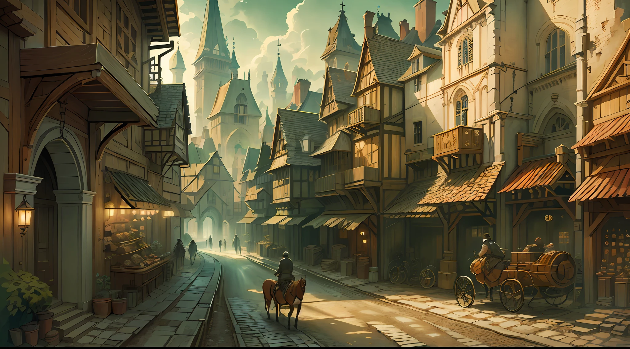 Beautiful illustration of a medieval city street, medieval man riding horse in foreground, detailed, intricate.