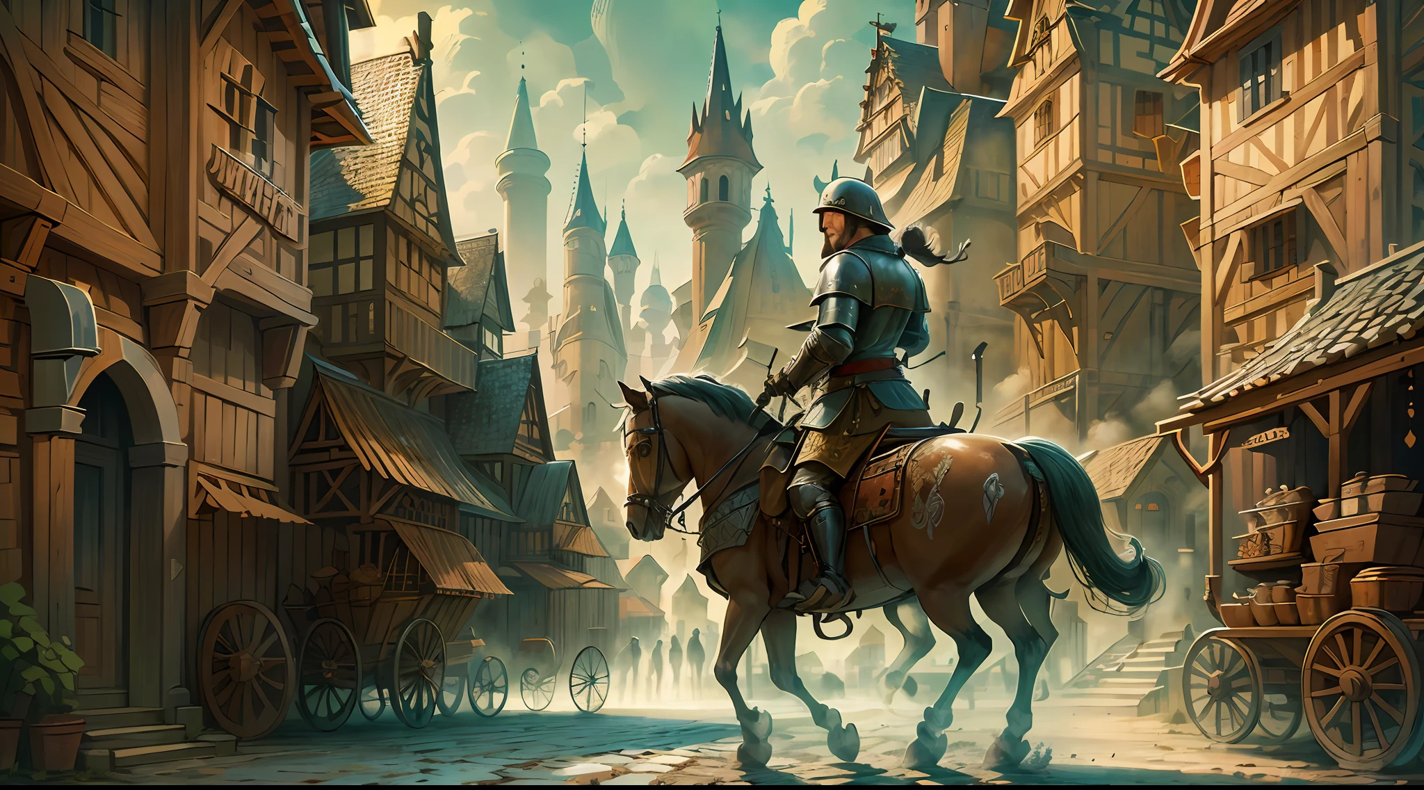 Beautiful illustration of a medieval city street, medieval man riding horse in foreground, detailed, intricate.