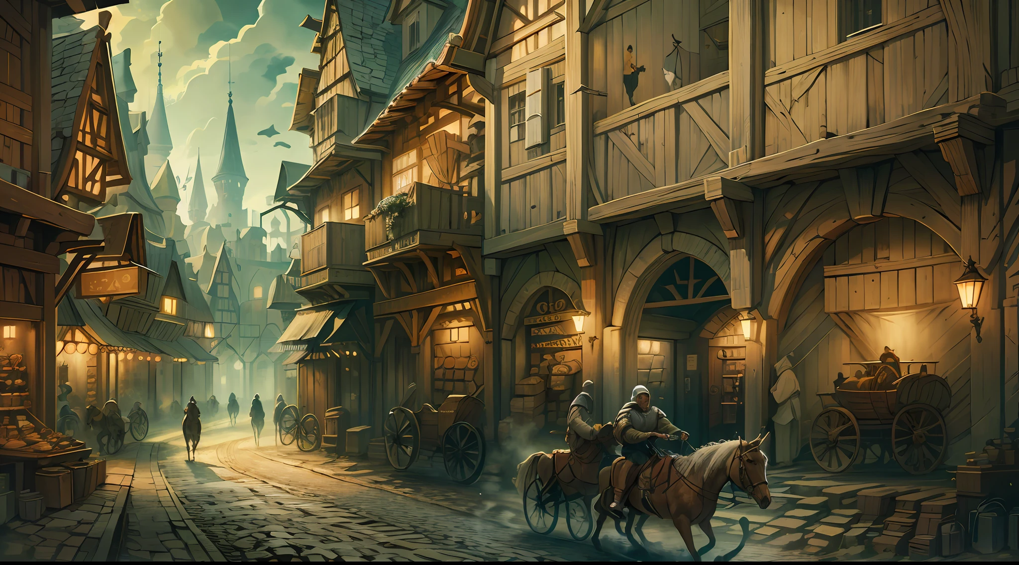 Beautiful illustration of a medieval city street, medieval man riding horse in foreground, detailed, intricate.