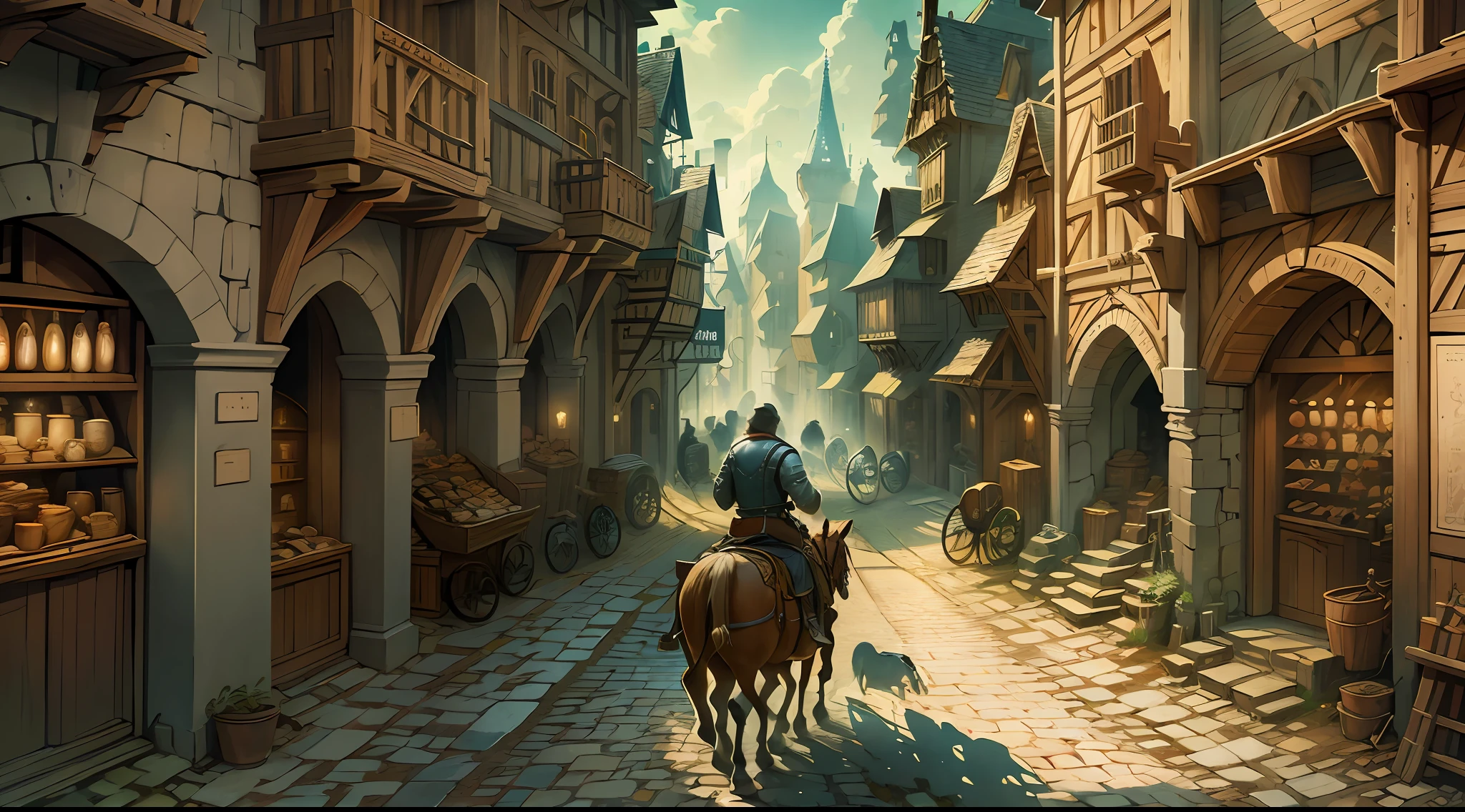 Beautiful illustration of a medieval city street, medieval man riding horse in foreground, detailed, intricate.