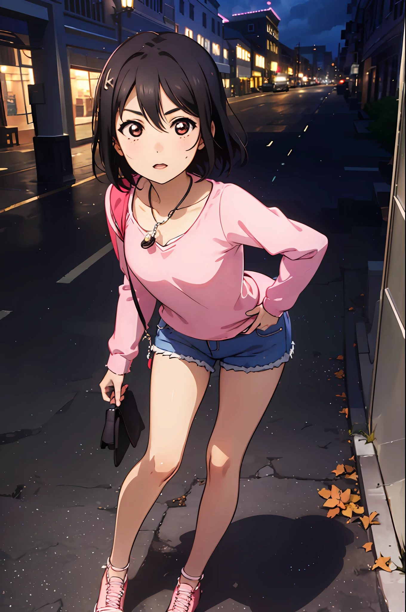 Yazawa nico,((medium breast, tomboy girls, small head)), daylight, sunlight, (chiseled abs : 1.1), (perfect body : 1.1), (short wavy hair : 1.2) , auburn hair, collar, chain, full body shot, crowded street, wearing black tanktop, jeans jacket, ((shorts)), (extremely detailed CG 8k wallpaper), (an extremely delicate and beautiful), (masterpiece), (best quality:1.0), (ultra highres:1.0),  beautiful lighting ,perfect lightning, realistic shadows, [highres], detailed skin, ultra-detailed