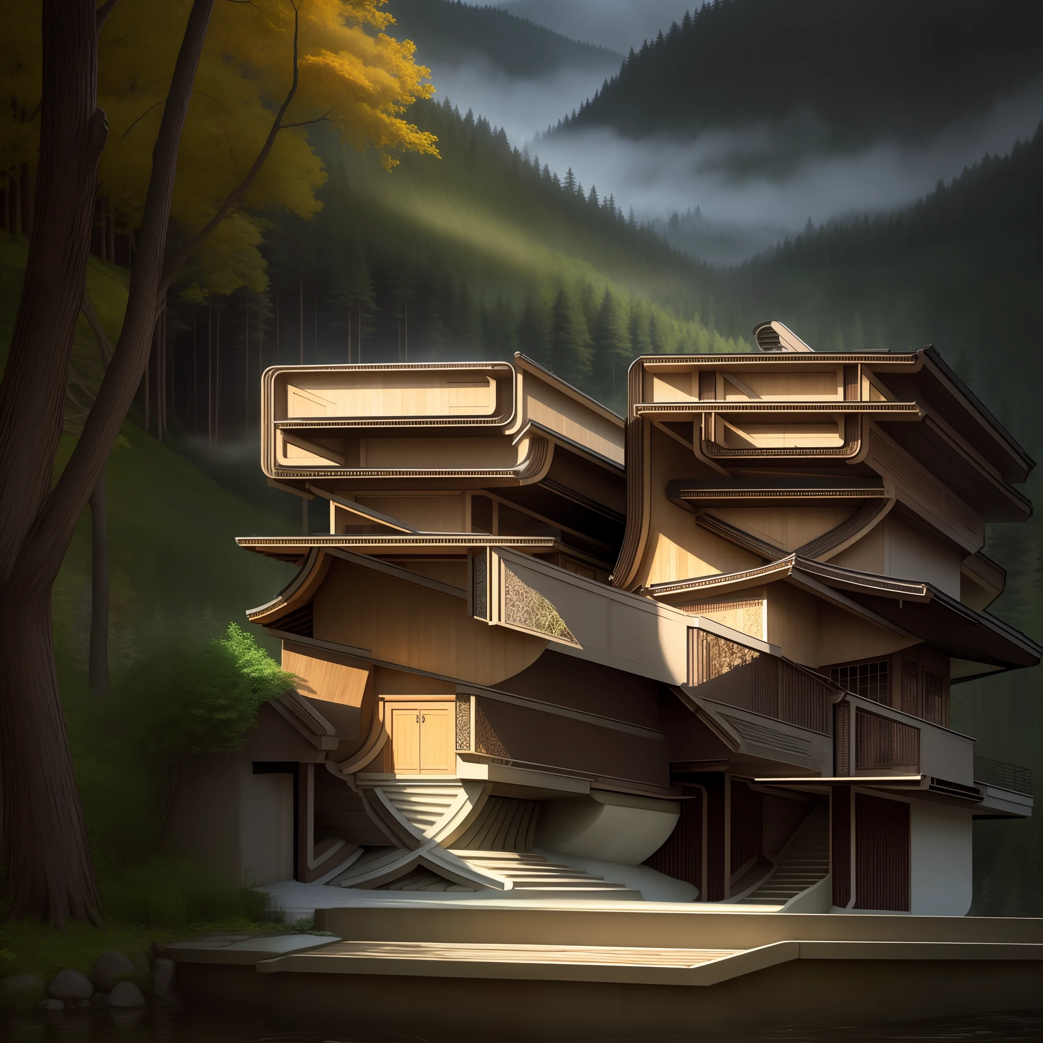 analogue style，Majestic river，Trees on both sides，small waterfalls，dense fog，award winning photography，color difference，A detailed，hdr，full bloom，Monet-style image、Pissarro and Sisley，Trends on ArtStation，Villa in a forest valley，Double storey white maple villa，The stairs lead to the second floor，Connect hydrophilic platforms，The art of midjourney