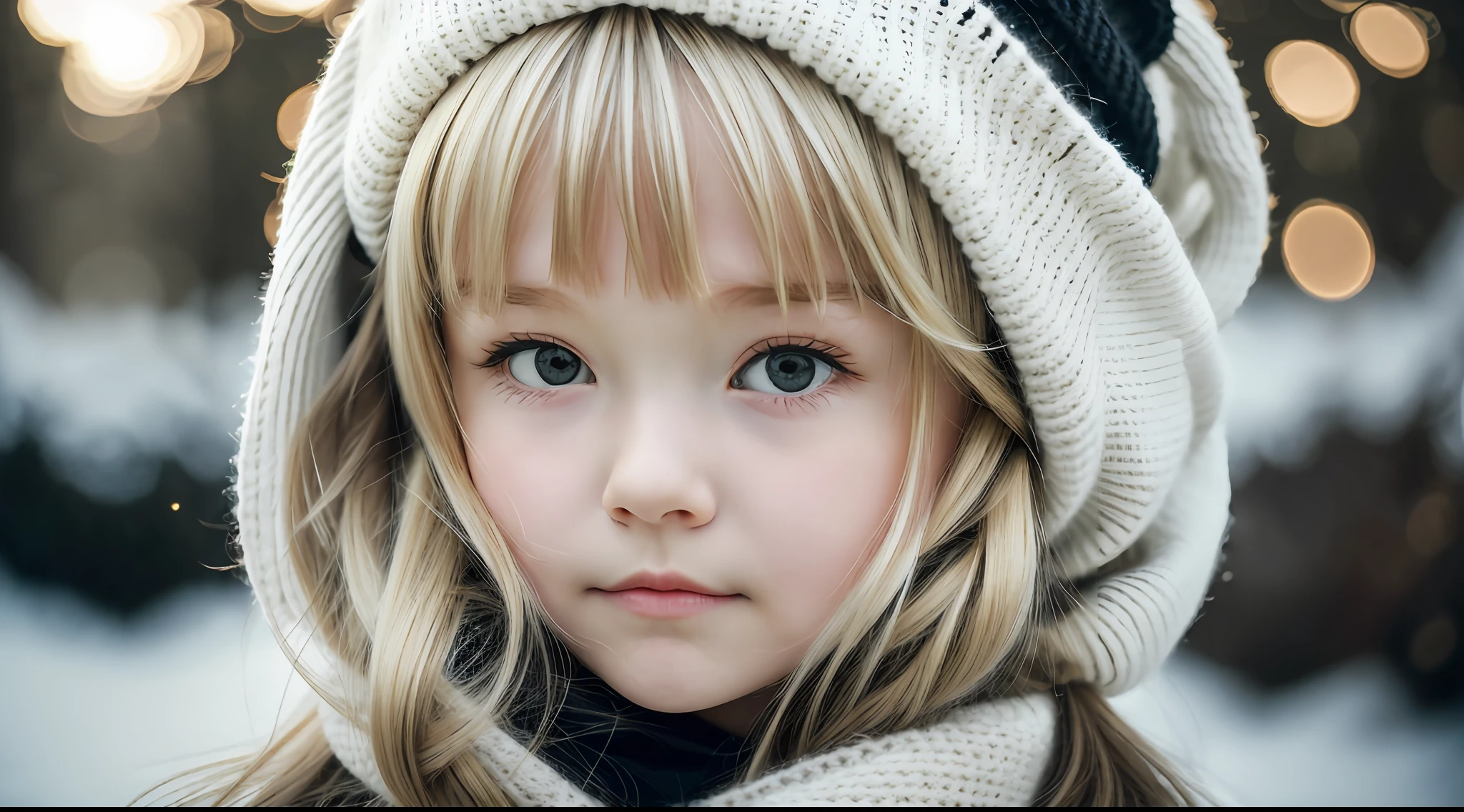 GIRL BLONDE CHILD with long hair wearing a white sweater and black ear warmers, sleepy, wearing cute black scarf, sick with a cold, cold, ****, a cold, cute bangs, with cute white skin, ears, sleepy face fashion model, sad, twintails white_gloves, cute skin, teen, freezing cold nights, cold winter, black ears