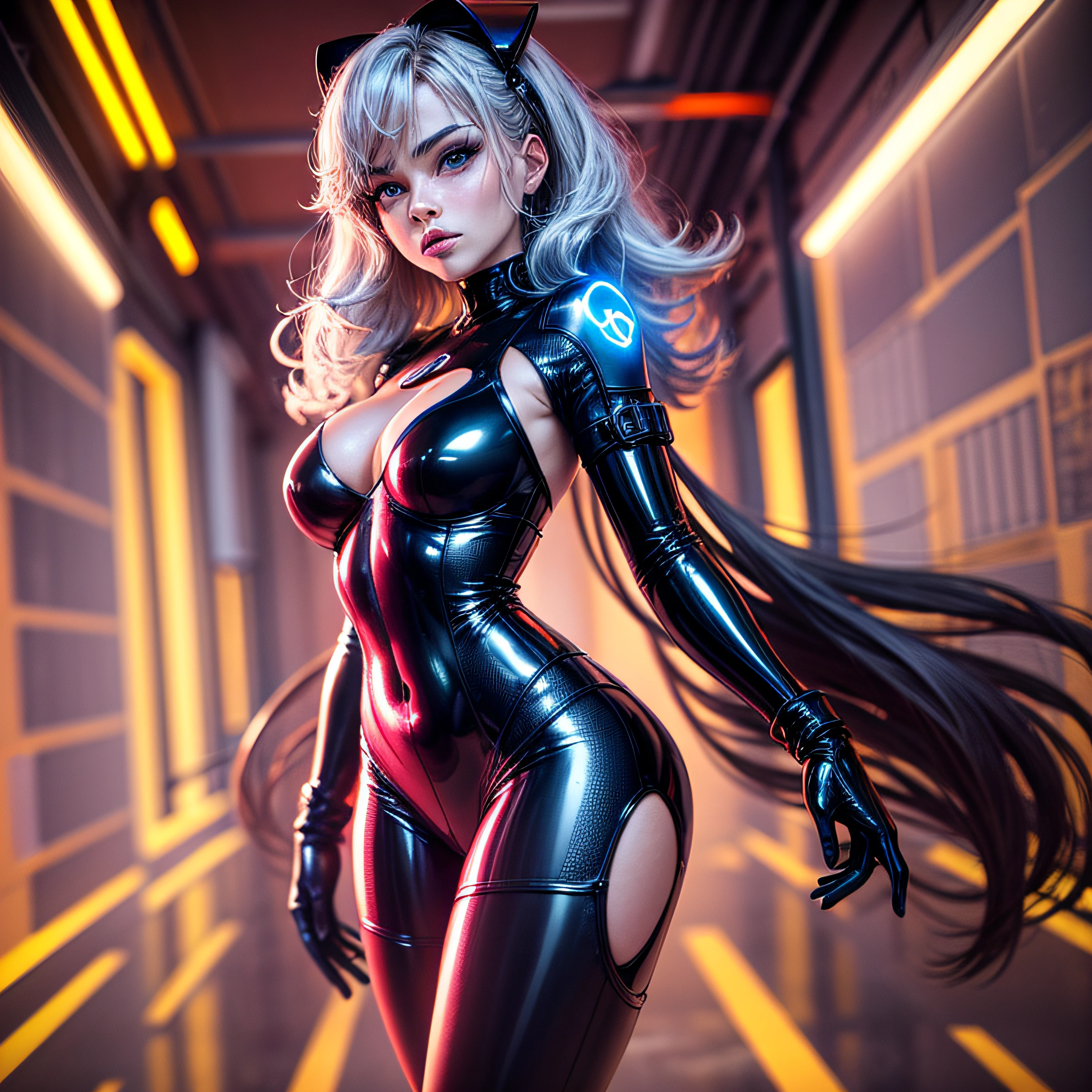 Beautiful black latex woman, olhos azuis, coberta com rosas vermelhas iluminadas, bright blue white glowing heart, visible from human, noite, Colouring, photography hyper-detailed cinematic hdr lighting, softbox lighting, Detalhe extremo, 8k, 3D-rendering, Hiper realista, NVIDIA,