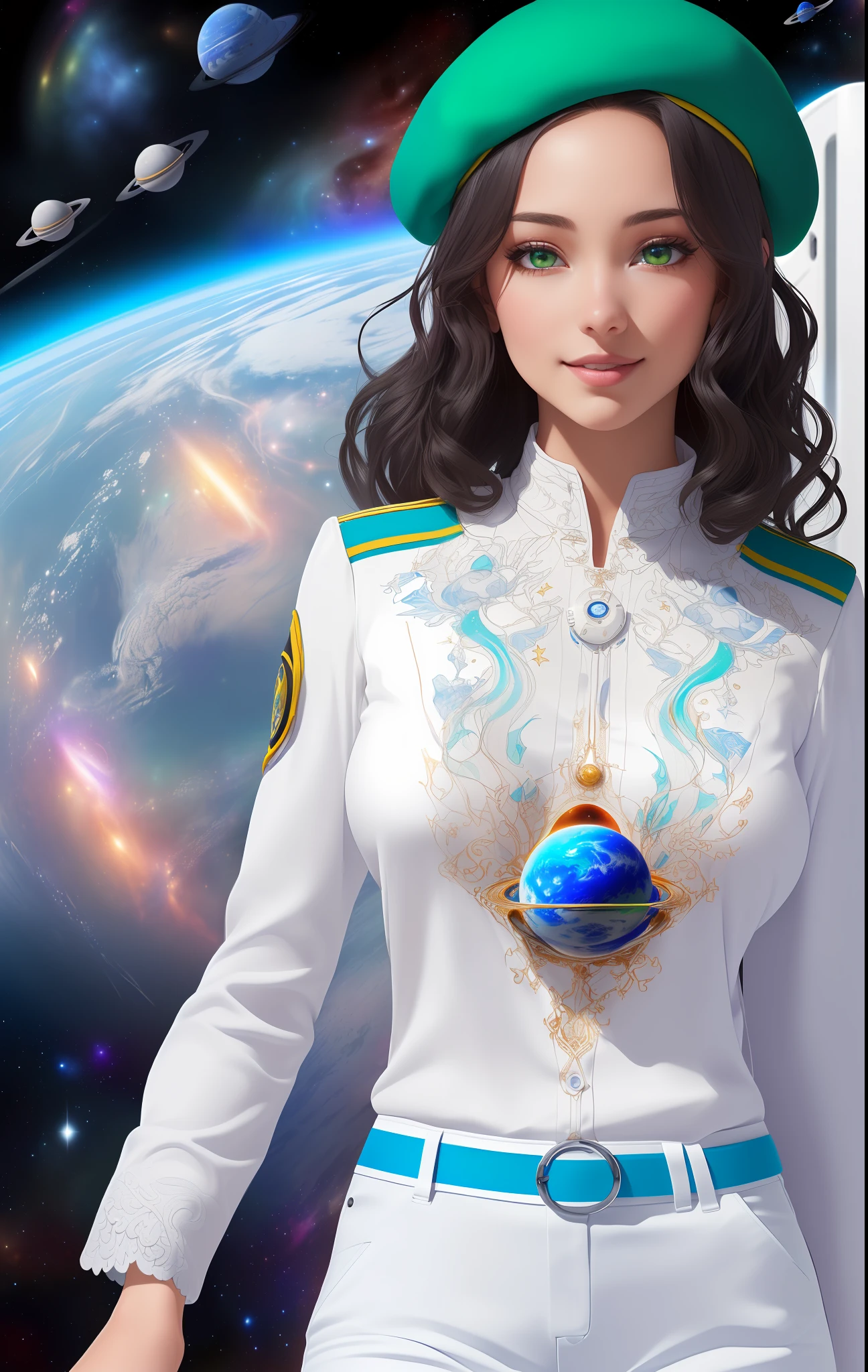 (((((1Young woman))), the anime, Green eyes, (black hair), Nice face, ssmile, the perfect body, Wavy Hair, hairlong, (((morena))), big breastes, ((tmasterpiece, beste-Qualit)), illustartion, ультра детализированная 8k, Photorealistic, sharp-focus, higly detailed, Professional lighting, colorful details, Rainbow colors, Glowing, intricate detials, Vivid details, (white blouse), (Blue tunic), (white trousers), outer space, Planet, the stars, a space ship , Blue beret on his head, Shoes