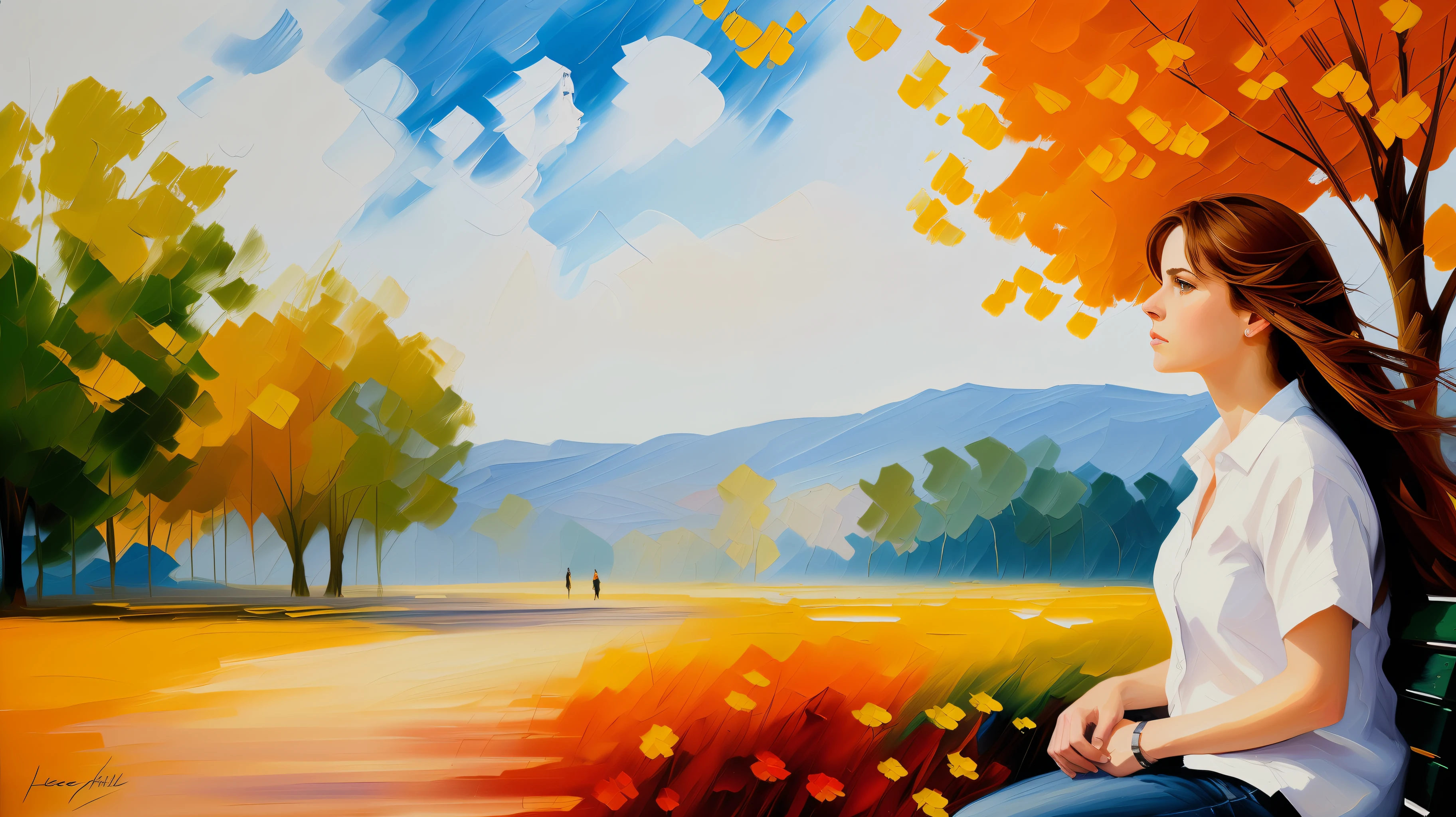 Ultra-detailed woman, (looking thoughtfully into the distance:1.4), in the park, sitting on a bench, full body, outdoors, (not looking at the camera:1.7), (adjusting hair:1.5), (short open shirt:1.2), solo, beautiful detailed sky, (closed mouth), small breasts, beautiful detailed eyes, floating hair, NSFW, seminude bosom, saliva, style-empire, by Alex Huguet, Mike Hill, Ian Spriggs, JaeCheol Park, Marek Denko, picture painted in impressionist style, brushstroke painting technique, palette knife painting, an expressive oil painting, Leonid Afremov
