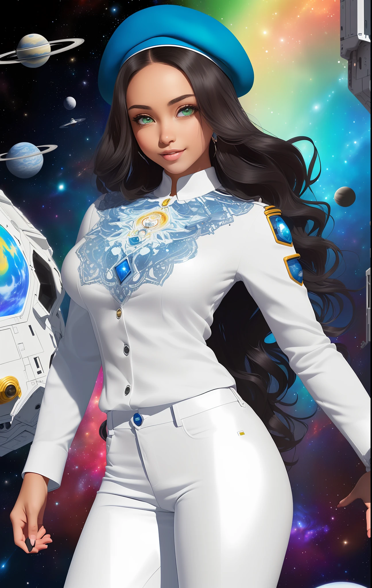 (((((ung woman))), the anime, Green eyes, (black hair), Nice face, ssmile, the perfect body, Wavy Hair, hairlong, (((morena))), big breastes, ((tmasterpiece, beste-Qualit)), illustartion, ультра детализированная 8k, Photorealistic, sharp-focus, higly detailed, Professional lighting, colorful details, Rainbow colors, Glowing, intricate detials, Vivid details, (white blouse), (Blue tunic), (white trousers), outer space, Planet, the stars, a space ship , Blue beret on his head, Shoes