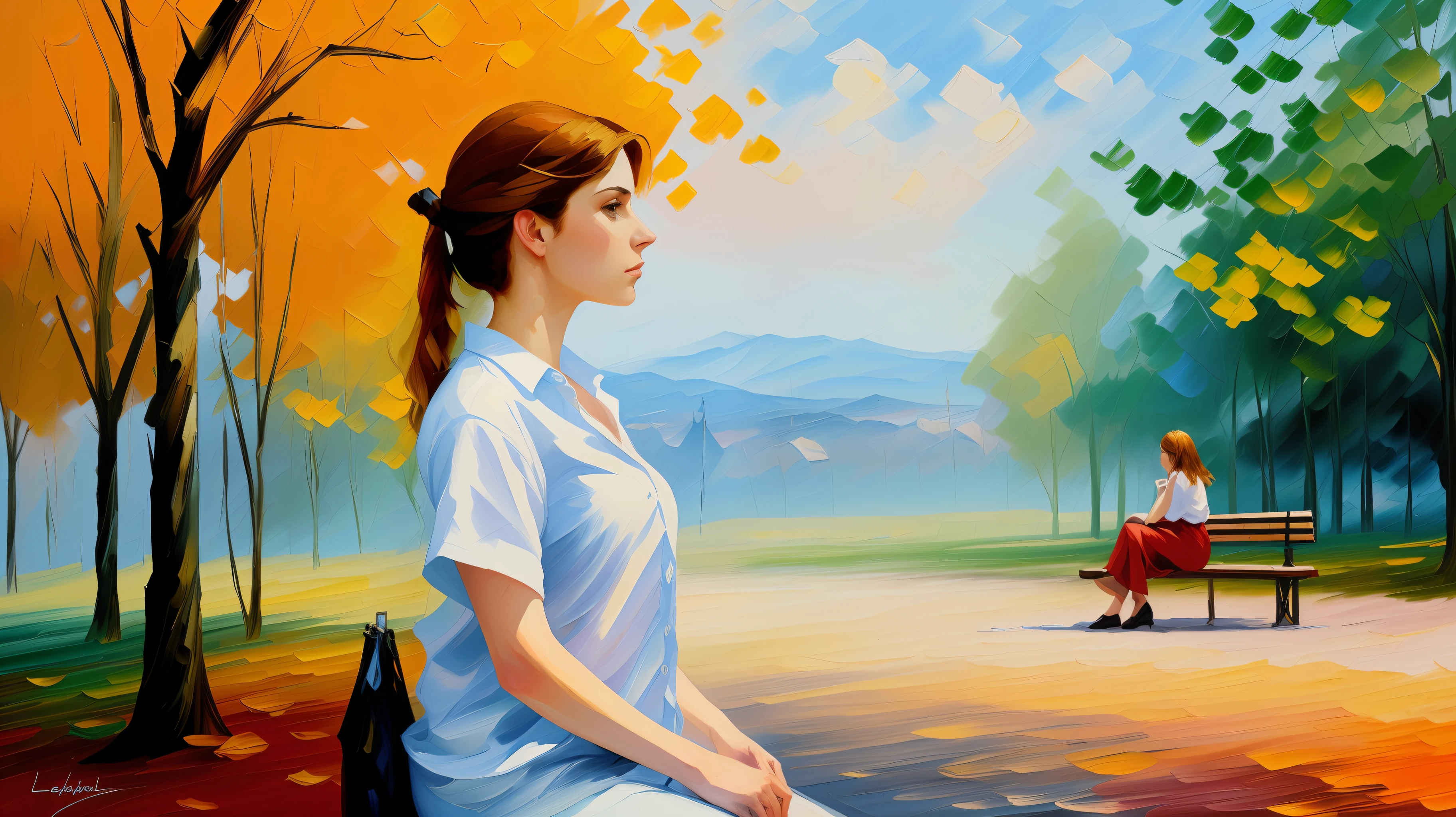 Ultra-detailed woman, (looking thoughtfully into the distance:1.4), in the park, sitting on a bench, full body, outdoors, (not looking at the camera:1.7), (adjusting hair:1.5), (short open shirt:1.2), solo, beautiful detailed sky, (closed mouth), small breasts, beautiful detailed eyes, floating hair, NSFW, seminude bosom, saliva, style-empire, by Alex Huguet, Mike Hill, Ian Spriggs, JaeCheol Park, Marek Denko, picture painted in impressionist style, brushstroke painting technique, palette knife painting, an expressive oil painting, Leonid Afremov