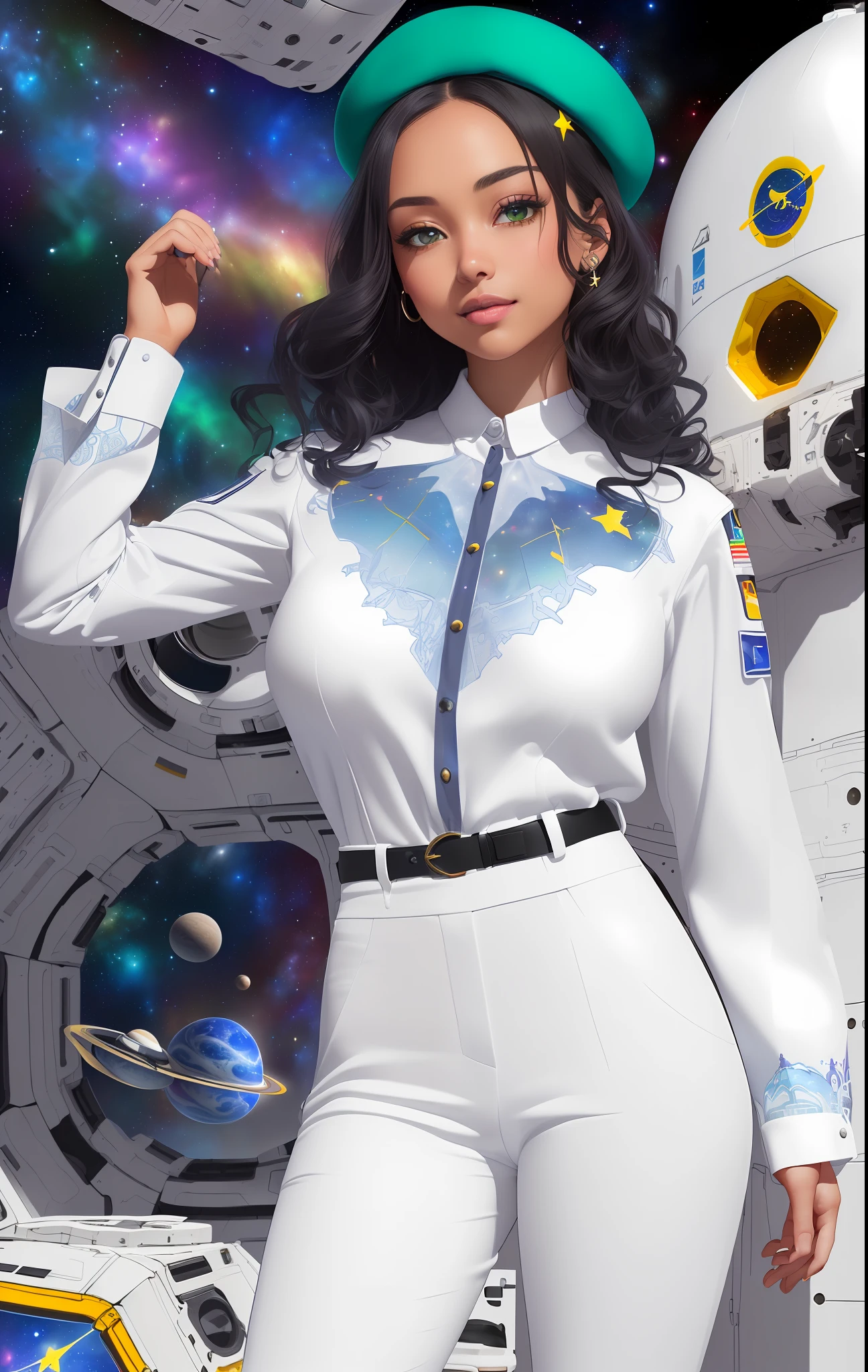 (((((1Young woman))), the anime, Green eyes, (black hair), Nice face, ssmile, the perfect body, Wavy Hair, hairlong, (((morena))), big breastes, ((tmasterpiece, beste-Qualit)), illustartion, ультра детализированная 8k, Photorealistic, sharp-focus, higly detailed, Professional lighting, colorful details, Rainbow colors, Glowing, intricate detials, Vivid details, (white blouse), (Blue tunic), (white trousers), outer space, Planet, the stars, a space ship , Blue beret on his head, Shoes