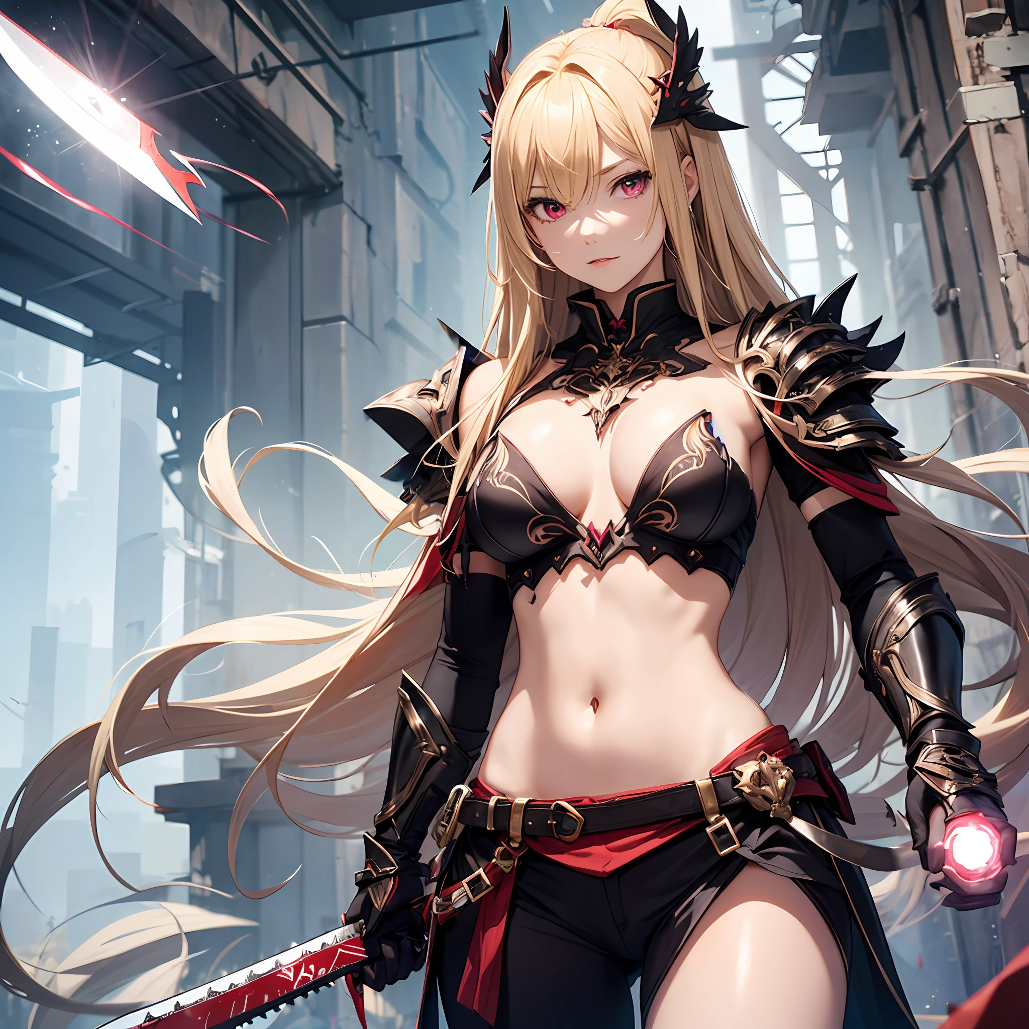 Cool woman with blonde long hair。1人の女性。Stand Solo。eyes glowing red。Sharp Hair Ornament。thorn々Shishi Armor。exposing the chest and navel,,,,,。Chainsaw-shaped sword。sharp claws。Accessories with eye design motifs。