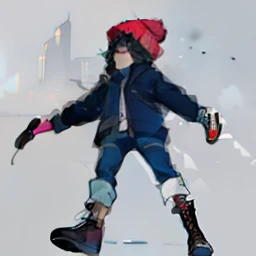 Un chico, alto, cabello negro, gorro de invierno color rosa, piel morena, ojos grises, pantalones azules, zapatos deportivos blancos, camisa blanca, chaqueta escolar rosa, joven, Apocalyptic background, ruinas, de noche, anime, 2d, comic