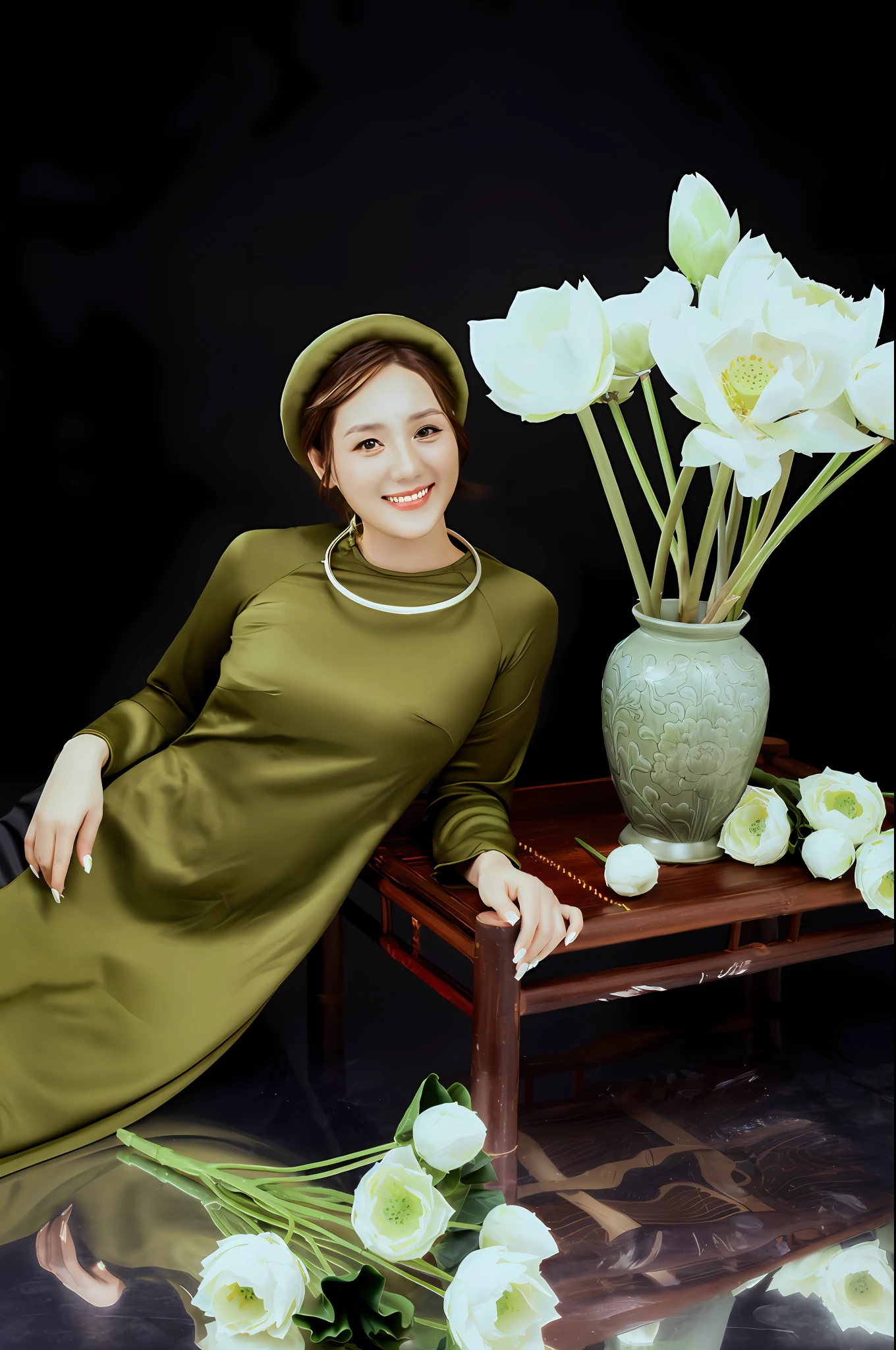 there is a woman sitting on a table with flowers in a vase, ao dai, in style of lam manh, mai anh tran, vietnamese woman, hoang long ly, soft silk dress, bao phan, green dress, dang my linh, green tunic, with an elegant smile, lovely woman, dao trong le, portrait image, dark green dress