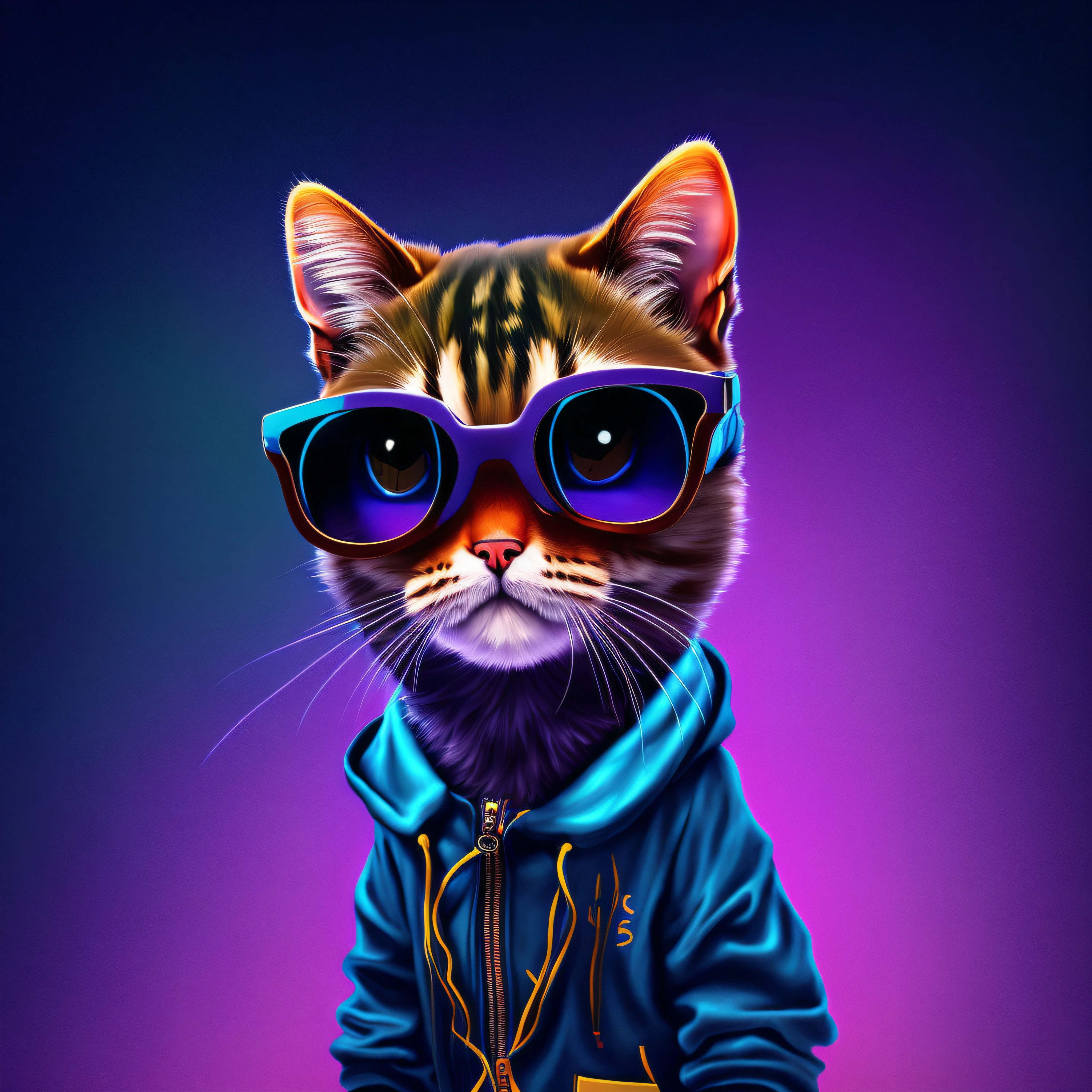 There is a cat wearing a jacket and sunglasses on a purple background, painting digital adorable, arte digital detalhada bonito, Gato. Pintura digital, gato cyberpunk, olhando heckin legal e elegante, bela arte digital, in illustration style digital, epic digital art illustration, Arte digital peluda, bonito 3 d render, ultra realistic 3d illustration, Pintura digital altamente detalhada