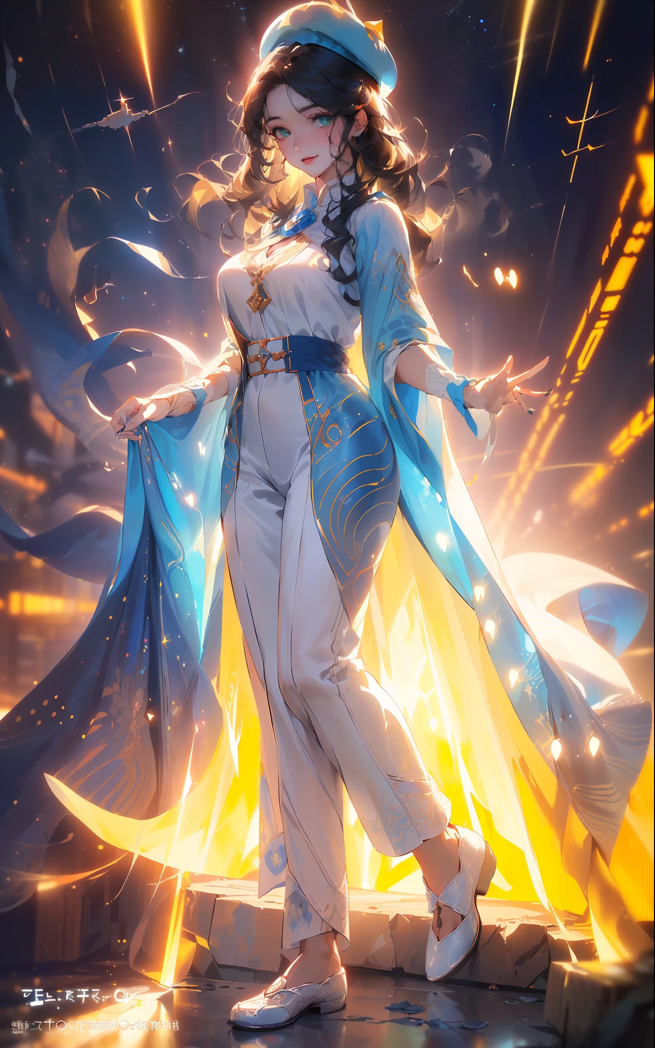 (((((ung woman))), the anime, Green eyes, (black hair), Nice face, ssmile, the perfect body, Wavy Hair, hairlong, (((morena))), big breastes, ((tmasterpiece, beste-Qualit)), illustartion, ультра детализированная 8k, Photorealistic, sharp-focus, higly detailed, Professional lighting, colorful details, Rainbow colors, Glowing, intricate detials, Vivid details, (white blouse), (Blue tunic), (white trousers), outer space, Planet, the stars, a space ship , Blue beret on his head, Shoes