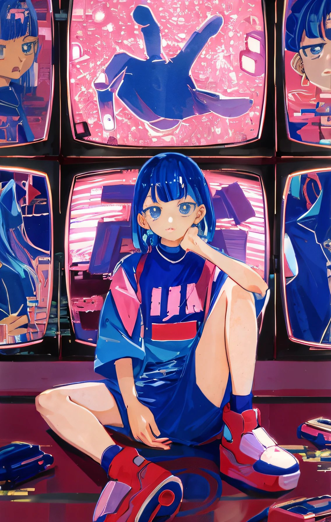 anime girl sitting on the floor in front of a bunch of televisions, 8 0 s anime vibe, 9 0 s anime aesthetic, in the art style of 8 0 s anime, 9 0 s anime art style, 8 0 s anime art style, 9 0 s anime style, 90s anime style, lofi girl, anime vibes, anime aesthetic