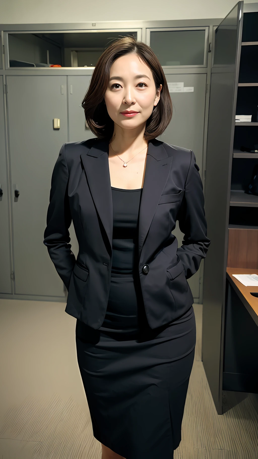 ((top-quality、8K、​masterpiece:1.3))、Photorealsitic, foco nítido, high-level image quality, hight resolution, Portrait, Solo, japanes, Middle-aged woman, Beautie, A sexy, (Business suits, tight skirts:1.3),  pantyhose, 43 yeas old, Plump, Bob Hair, Wrinkles at the corners of the eyes, Office changing rooms, Lots of steel lockers, dark backgrounds,
