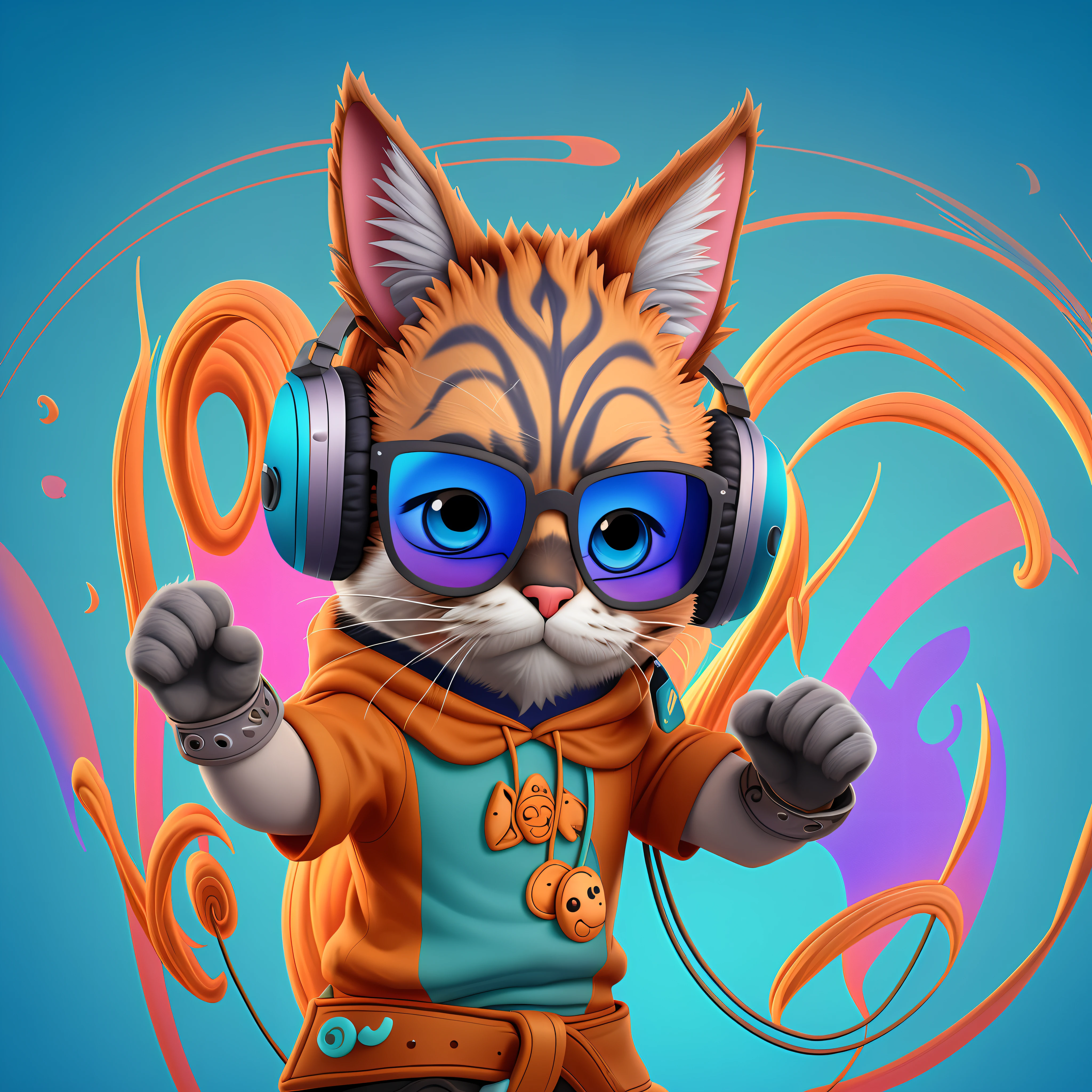 There is a cat wearing headphones and sunglasses on a blue background, festa dos gatos, liquid cat, awesome cat, gato cyberpunk, Antecedentes altamente detalhados, Arte digital peluda, Cybercat, 3d arte digital 4k, Artista peludo, design do gato, Papel de parede 4k, Papel de parede 4k, bela arte digital, Arte peluda, papel de parede de alta qualidade, bela arte digital