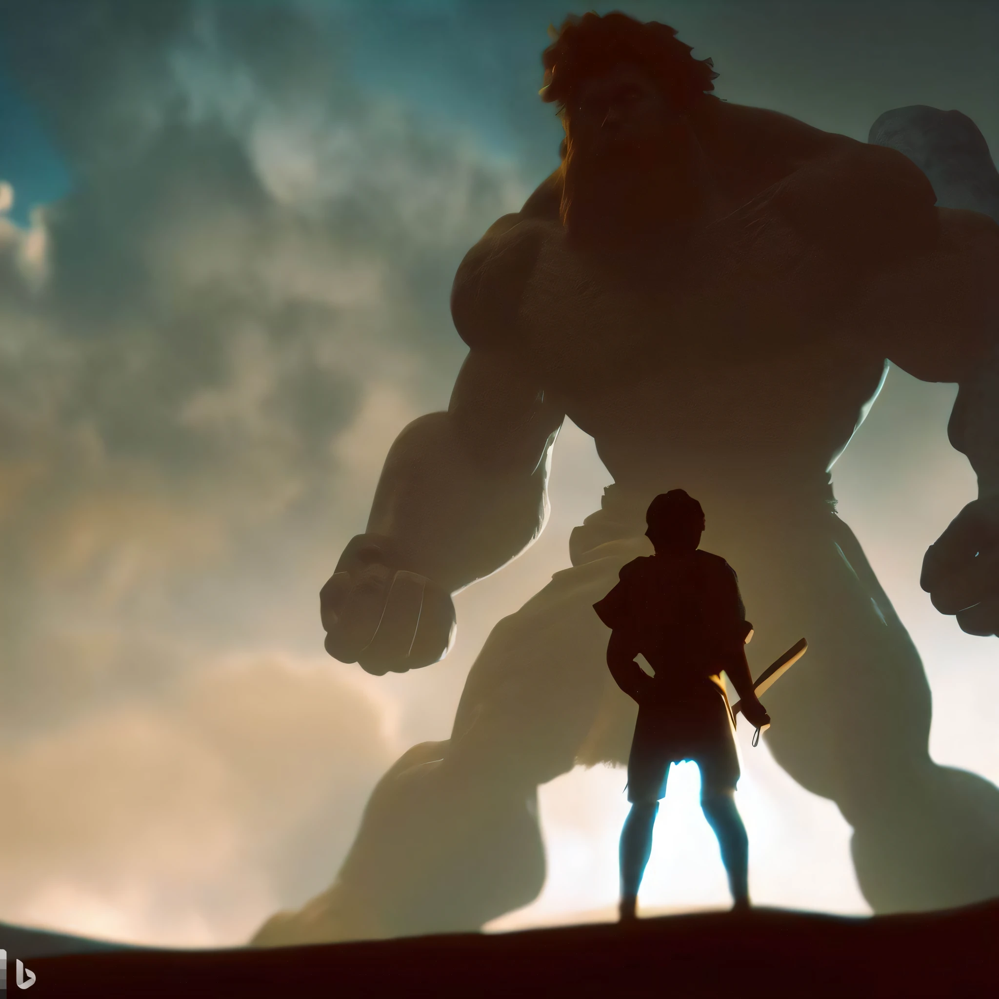 There is a man standing in front of a giant monster, (octan render) estilo fantasia, Fantasy Style 8k Octane Rendering, silhueta forte, videogame render, game render, Personagem pequeno. Motor Unreal 5, fantastic screenshot art, iron giant at sunset, Davi e Golias, Atey Ghailan 8 K, renderizado no Unreal Engine 5, big titan creature in the center