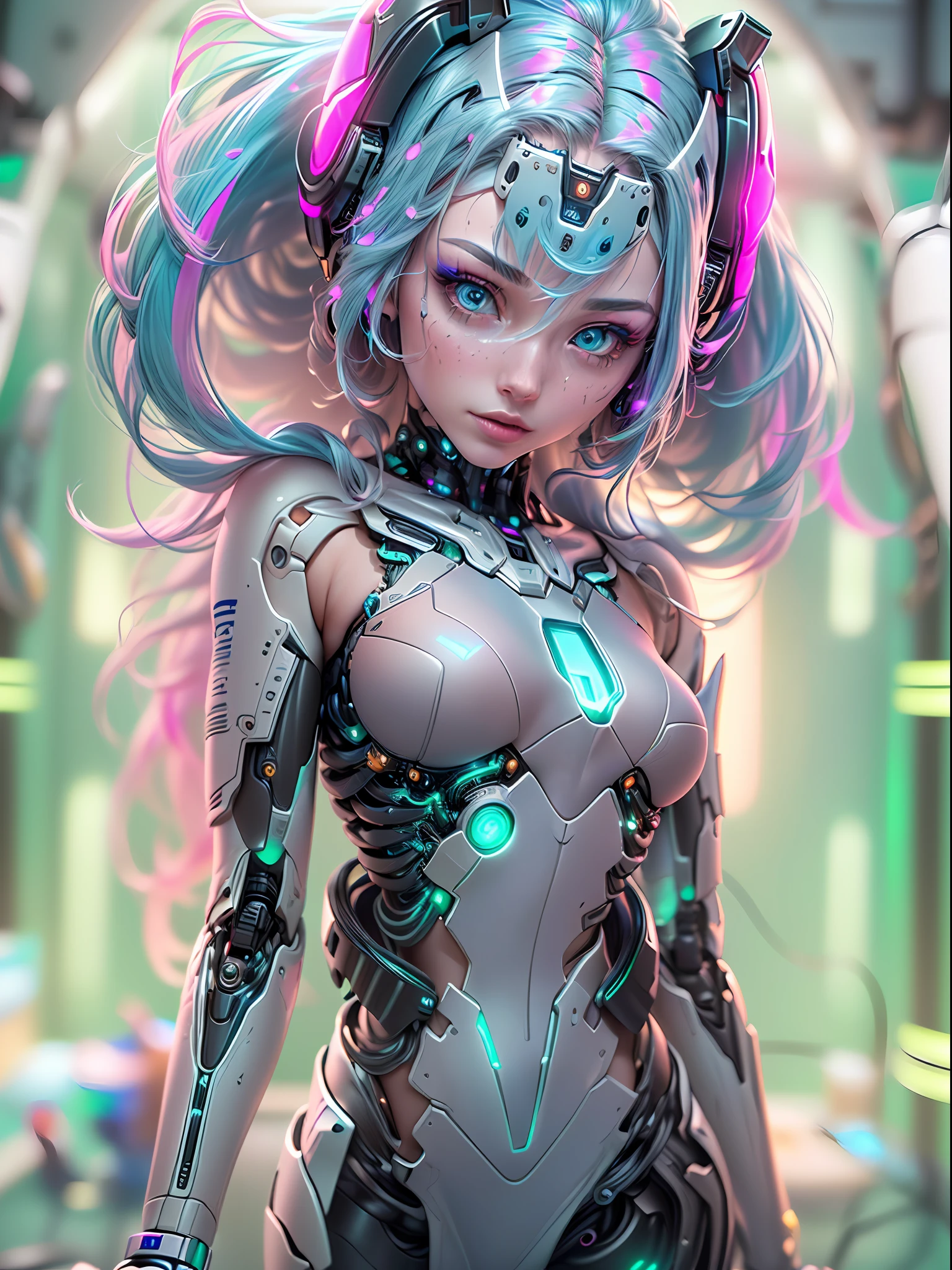 (masterpiece, high resolution, CGI:1.4), (depicting a captivating woman with vibrant pink hair and mesmerizing eyes that shimmer in a captivating blend of green and blue:1.3), (her eyes glowing with an otherworldly light:1.2), (metallic and robotic components integrated throughout her body:1.2), (seamlessly fusing with her organic form:1.2), (delicate circuits and intricate patterns running beneath her skin:1.2), (enhanced robotic limbs with seamless movement:1.2), (her fingers adorned with precision-enhancing cybernetics:1.2), (Canon EOS R5 mirrorless camera:1.2), (paired with a Canon RF 85mm f/1.2L USM lens:1.2), (capturing the finest details of her cybernetic enhancements:1.2), (the laboratory setting designed with a futuristic and minimalistic aesthetic:1.2), (sleek and polished surfaces reflecting the glow of holographic displays:1.2), (floating holographic data screens surrounding her:1.2), (subtle neon lights casting an ethereal glow across the room:1.1), (advanced AI assistants interacting with the environment:1.1), (a mesmerizing CGI render of a woman embracing the merging of human and machine in a captivating future:1.2).