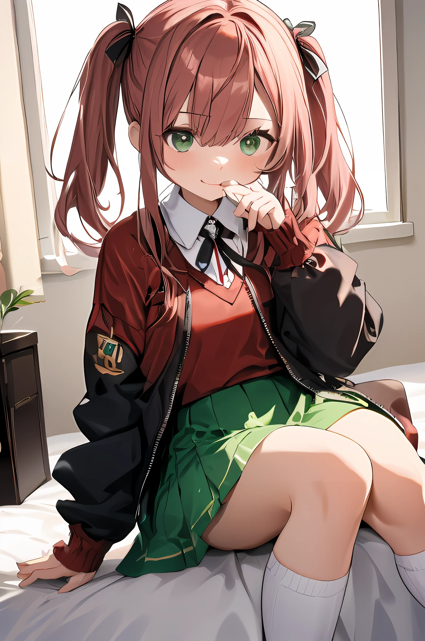 (tmasterpiece:1.2), best qualtiy, A high resolution, Unity 8k Wallpapers, (illustratio:1.0), (美丽细致的眼睛:1.6), Extremely detailed face, Perfect litthing, extremaly detailed cg, (perfect hand,perfect anatomia), (Dynamic angles and poses:1.3), Good angle, (1girll, 独奏:1.5), Breaking Nakano January, a skirt, Star hair ornaments, (Green skirt:1.2), jaket, (pleatedskirt:1.2), ahoge, The shirt, White socks, white shirt, (Red sweater 1.6), looking at viewert, 校服, collared shir, (Open your clothes, Open the jacket:1.4), longer sleeves, Knees, black black jacket, Sweaters, mini-skirts, blazer jacket, shinny hair, hair between eye, blue jacket, Shiny, wing collar, nedium breasts, cheerfulness, sweat leggs, Keep one's mouth shut, BREAK BREAK BREAK (mansion:1.4), (Bedrooms:1.4),Oyama Makoto