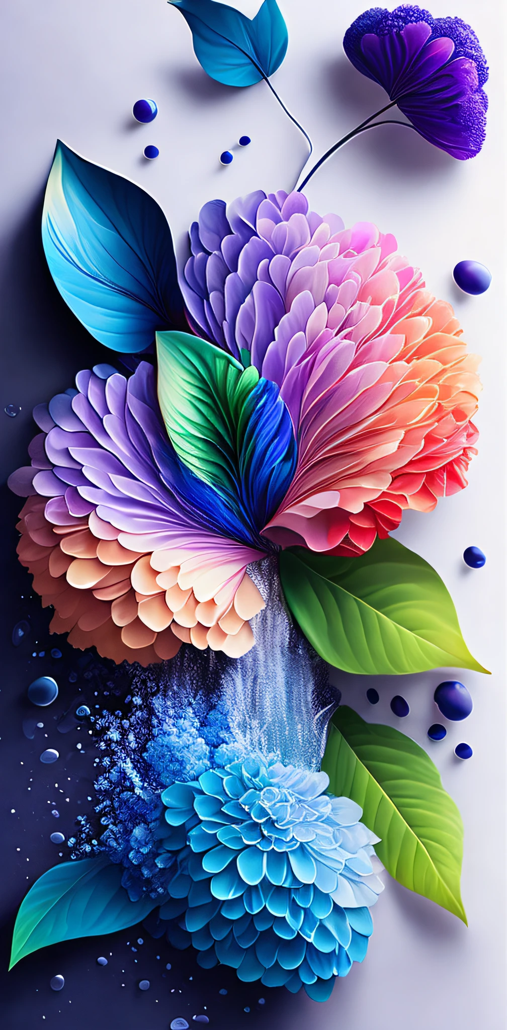 uma Flor abstrata hortencias se soltando caindo de cima pra baixo,Aprimorado Prompt para Gerar Imagem por IA: Uma flor abstrata de hortencias soltando-se e caindo de cima para baixo, with many loose petals in the air. Waterfall of hydrangea petals, junto com folhas soltas, em um fundo branco. The design style is flat and intricate, with a touch of splashed and colorful water.water, Colouring, intrincado