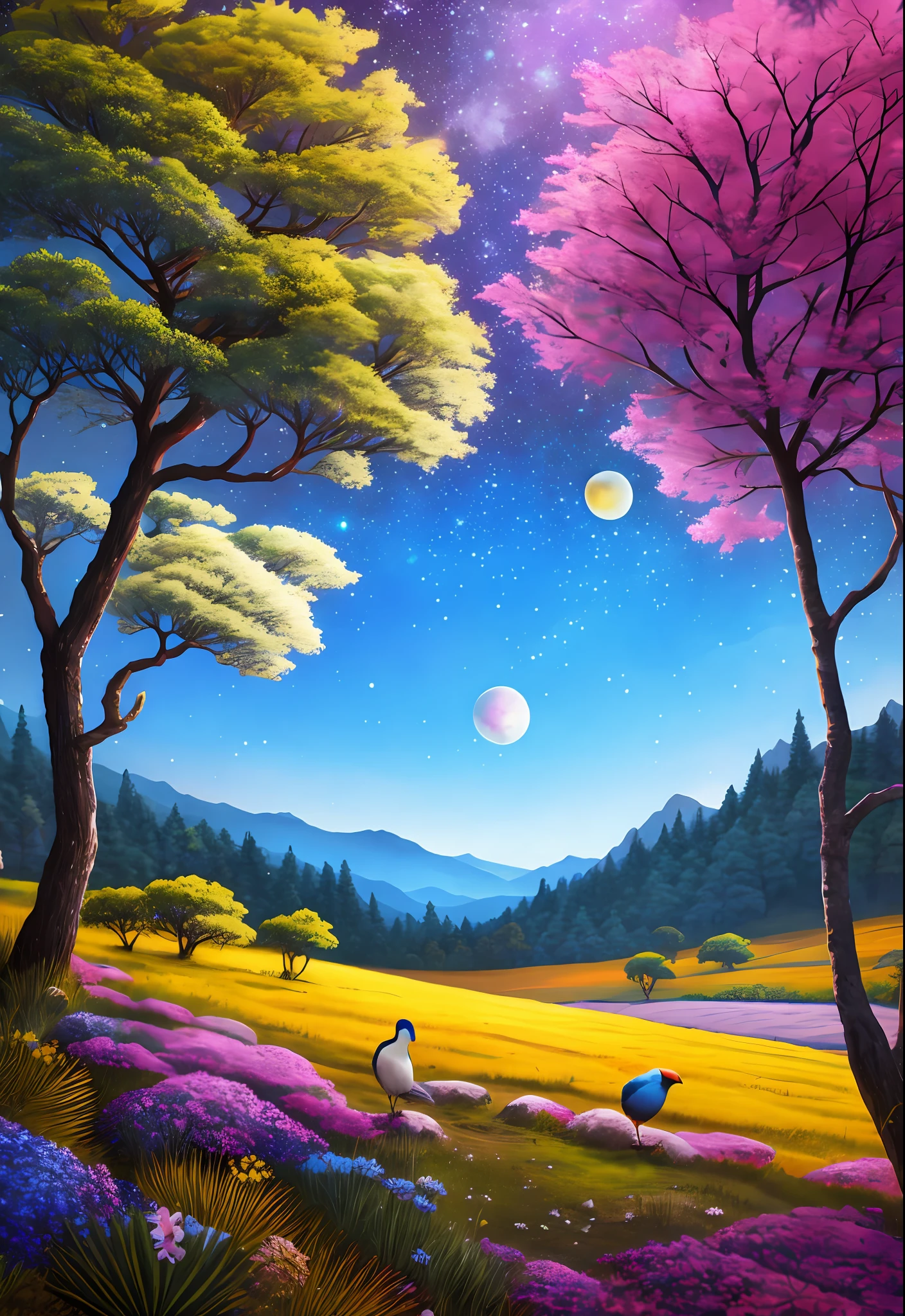 paisagem montanhosa com arvores e flores com cores vibrantes, rare birds, rios brilhantes, sky with stars and 3 moons, Realistic painting style in 4 k