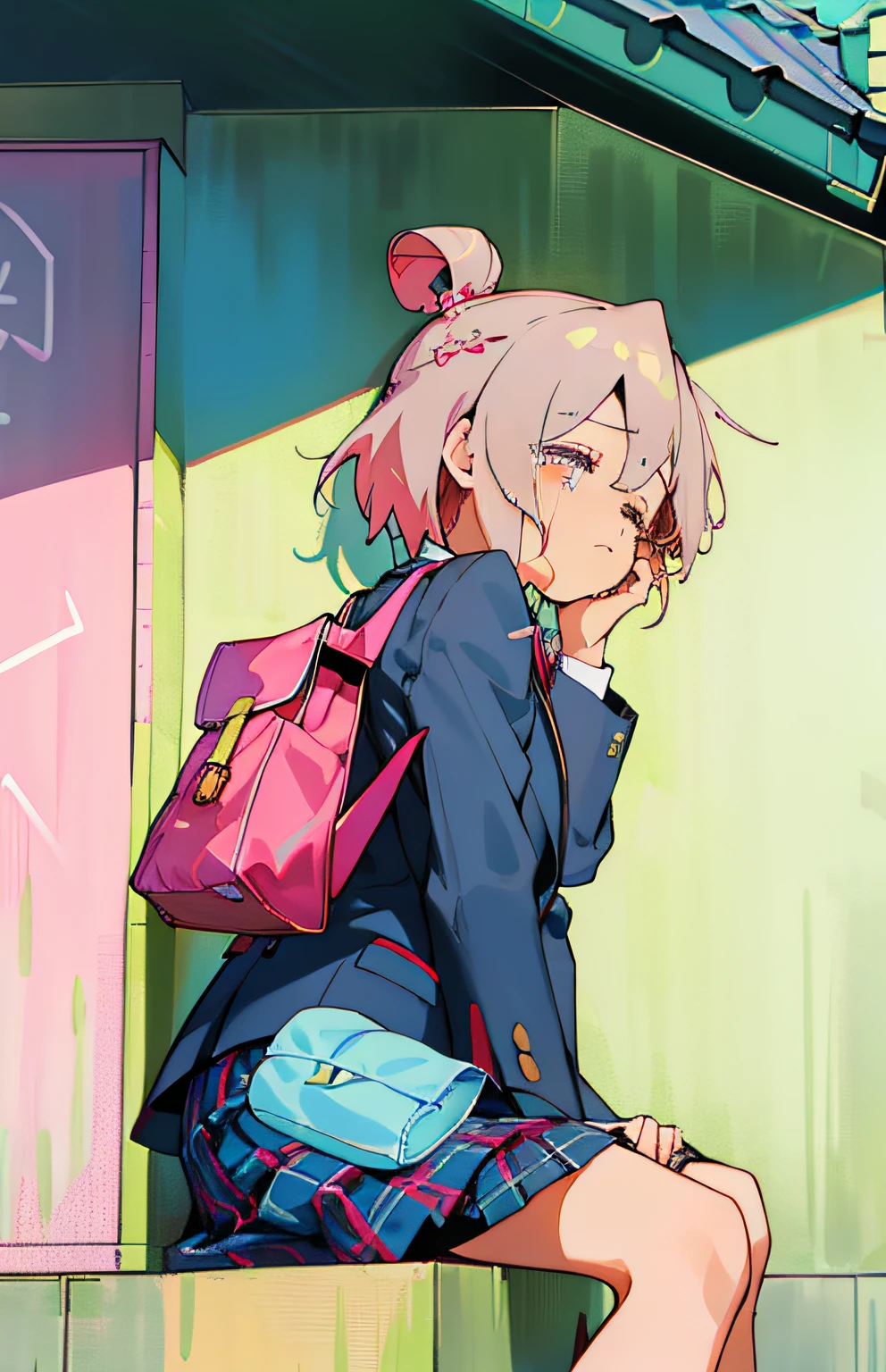masterpiece, high quality, best quality, high resolution, 4k, high definition, beautiful lighting, highly detailed face, well drawn hands, well drawn legs, well drawn feet, (((well drawn eyes))),1girl, yui, pink hair, short hair, side hair bun, pink eyes, crying, tears falling down from eyes, tears at the corners on eyes, open mouth, wet eyes,croughing, (((holding school bag to her face))), from side, sitting, on the side of the wall,metal roof part behind her back, head down,black blazer, white shhirt, red ribbon, plaid skirt, yellow schoolbag ,closed eyes, hands covering mouth,