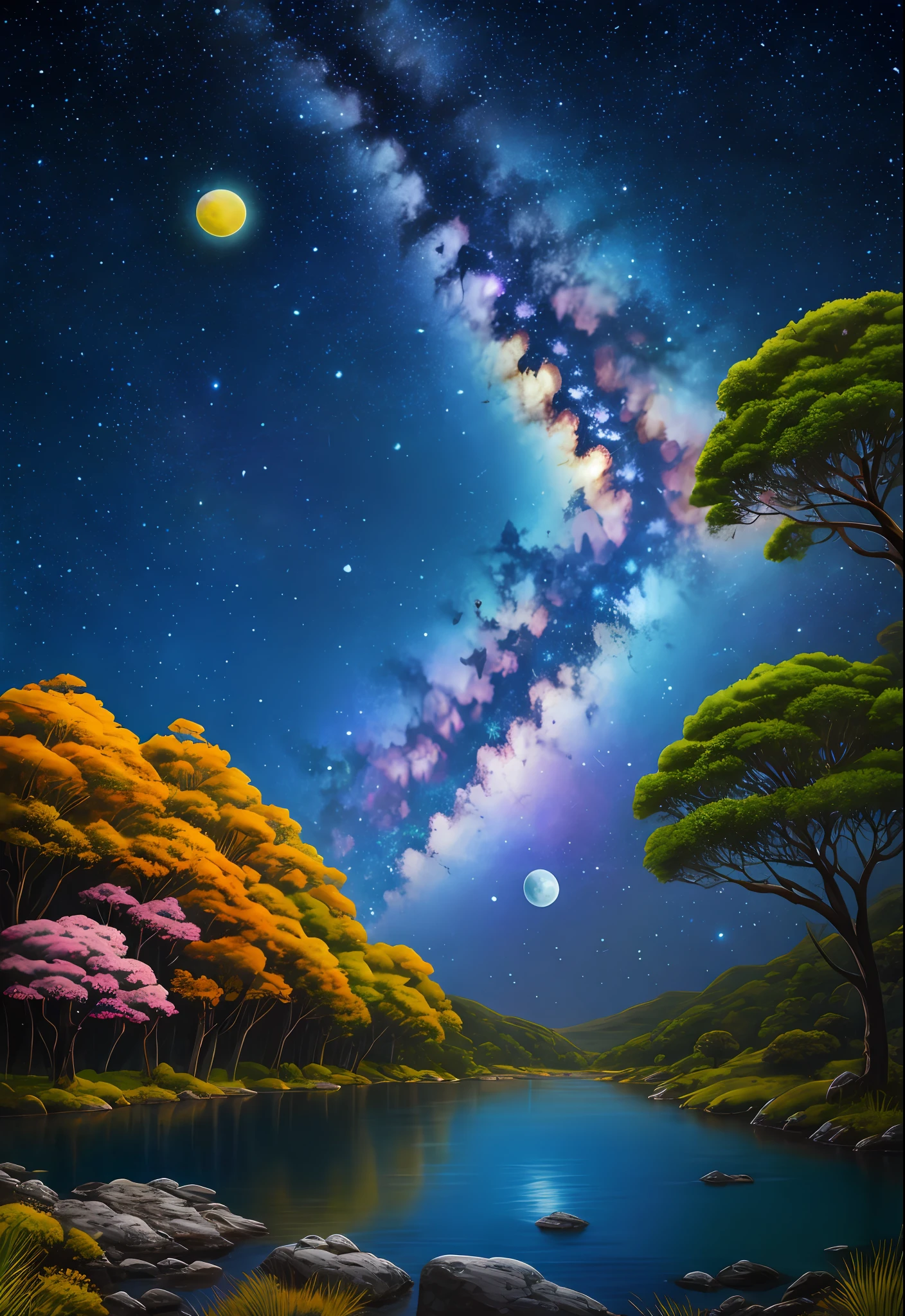 paisagem montanhosa com arvores e flores com cores vibrantes, rare birds, rios brilhantes, sky with stars and 3 moons, Realistic painting style in 4 k