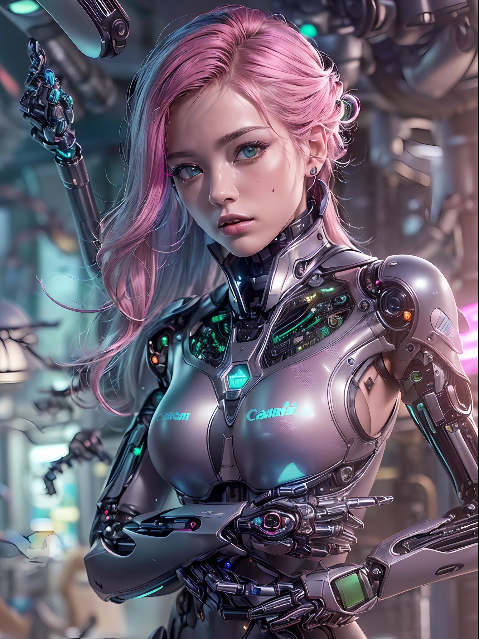 (masterpiece, high resolution, CGI:1.4), (depicting a captivating woman with vibrant pink hair and mesmerizing eyes that shimmer in a captivating blend of green and blue:1.3), (her eyes glowing with an otherworldly light:1.2), (metallic and robotic components integrated throughout her body:1.2), (seamlessly fusing with her organic form:1.2), (delicate circuits and intricate patterns running beneath her skin:1.2), (enhanced robotic limbs with seamless movement:1.2), (her fingers adorned with precision-enhancing cybernetics:1.2), (Canon EOS R5 mirrorless camera:1.2), (paired with a Canon RF 85mm f/1.2L USM lens:1.2), (capturing the finest details of her cybernetic enhancements:1.2), (the laboratory setting designed with a futuristic and minimalistic aesthetic:1.2), (sleek and polished surfaces reflecting the glow of holographic displays:1.2), (floating holographic data screens surrounding her:1.2), (subtle neon lights casting an ethereal glow across the room:1.1), (advanced AI assistants interacting with the environment:1.1), (a mesmerizing CGI render of a woman embracing the merging of human and machine in a captivating future:1.2).