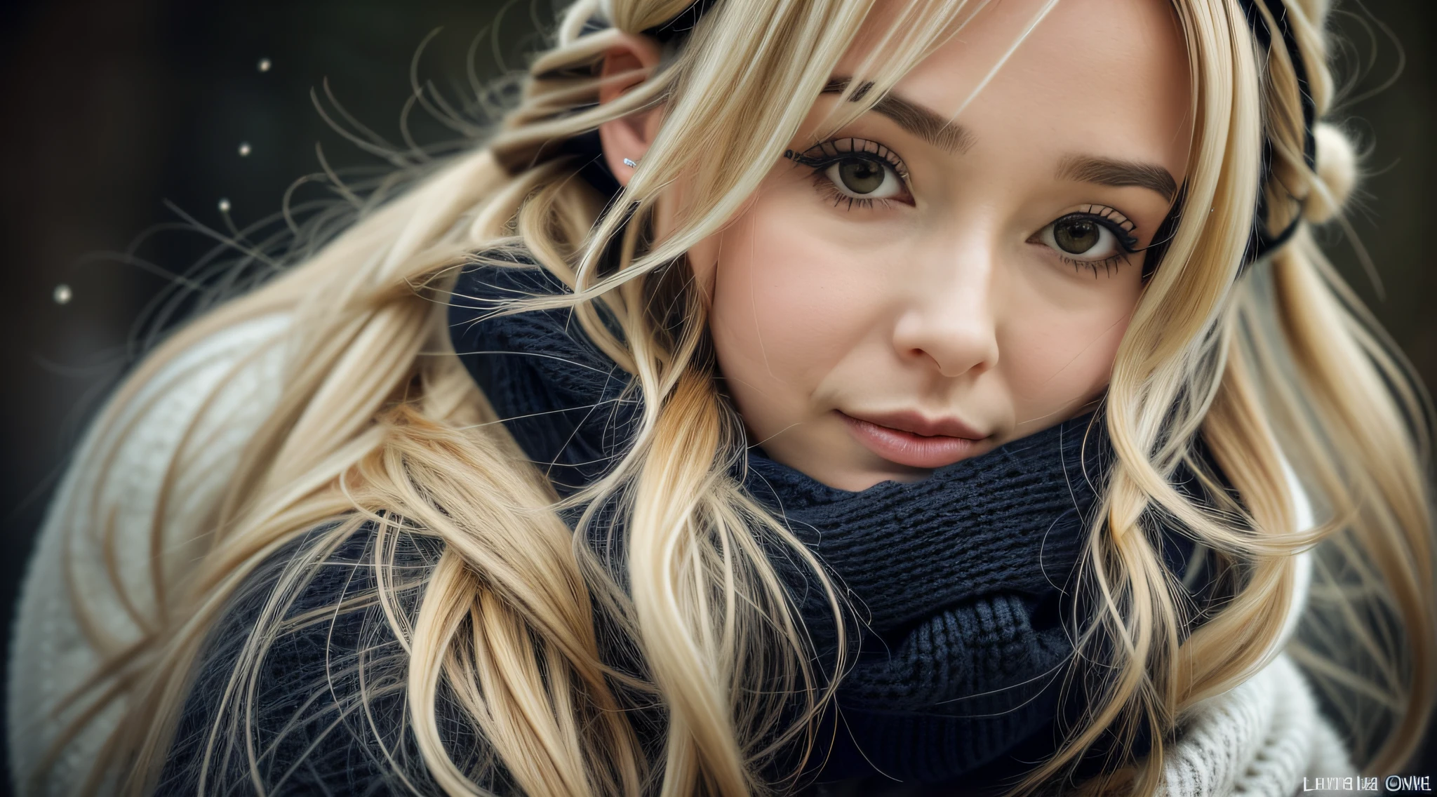 Blonde girl with long hair wearing a white sweater and black ear warmers, sonolento, wearing fluffy black scarf, doente com um frio, frio, ****, um frio, franja fofa, com pele fofa branca, orelhas, sonolento rosto modelo de moda, triste, twintails white_gloves, pele fofinha, noites frias congelantes, inverno frio, orelhas pretas